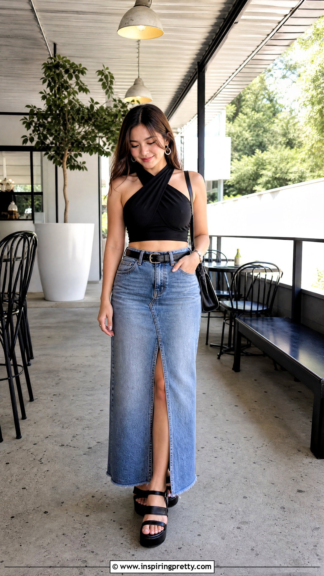 Black Criss Cross Crop Top With Denim Maxi Skirt - 20 Black Criss Cross Crop Top outfit ideas