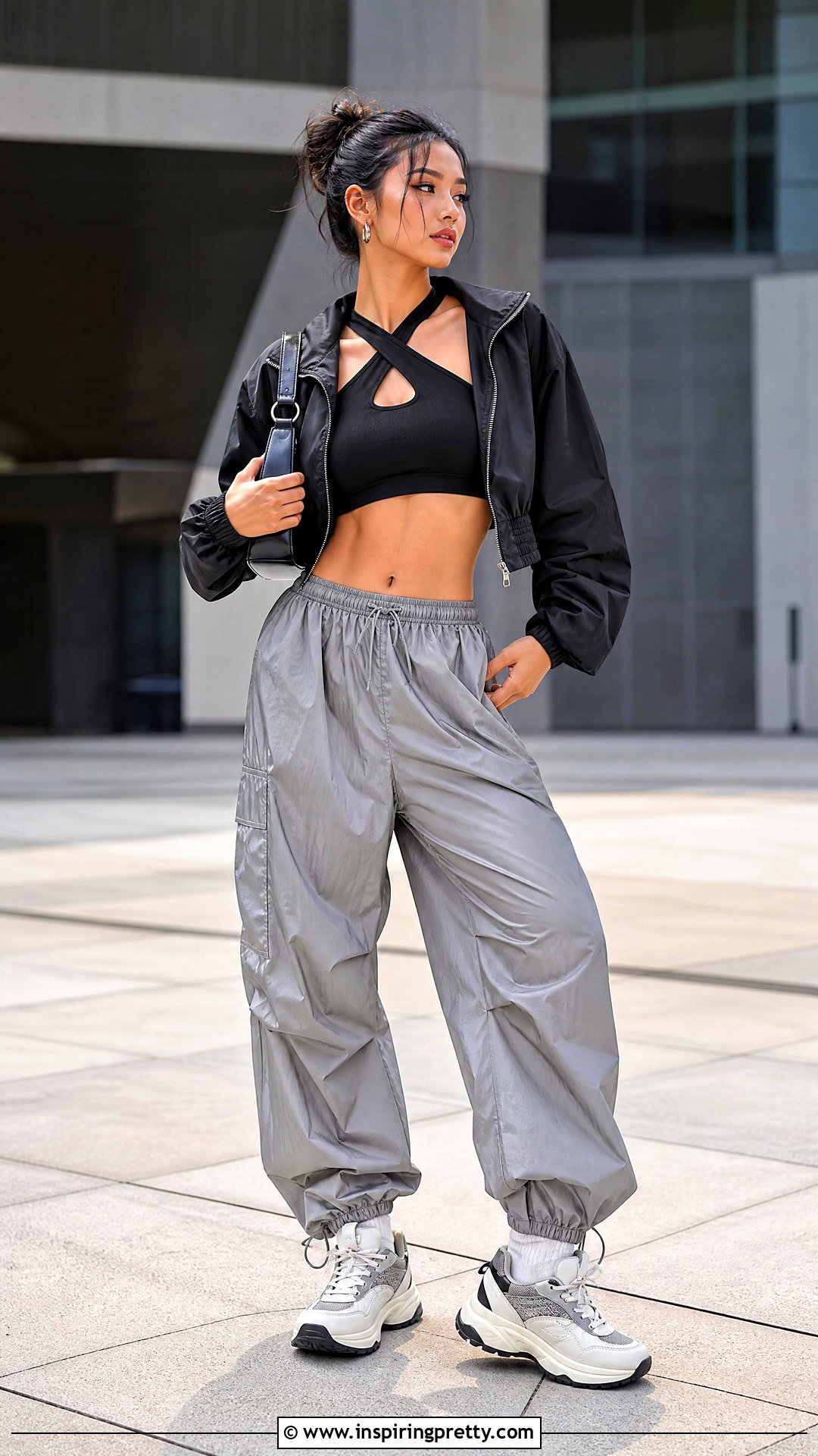 Black Criss Cross Crop Top With Parachute Pants - 20 Black Criss Cross Crop Top outfit ideas