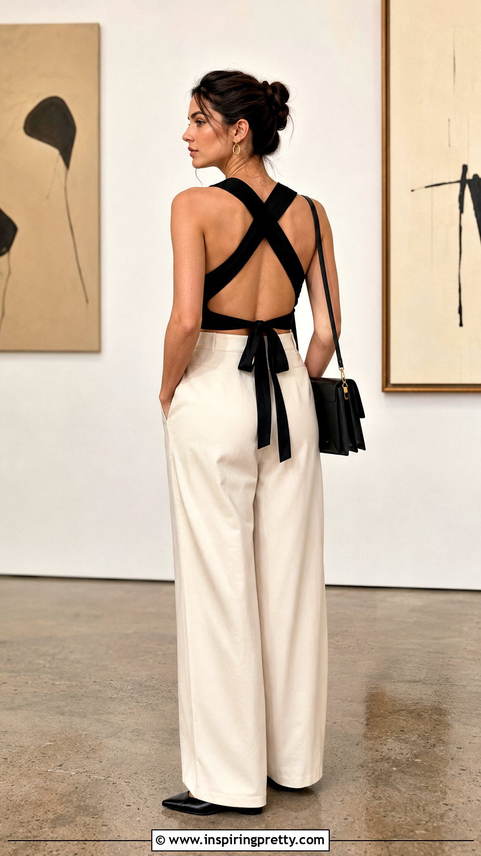 Black Criss Cross Tie Back Top With Wide Leg Trousers - 20 Criss Cross Tie Back Top outfit ideas