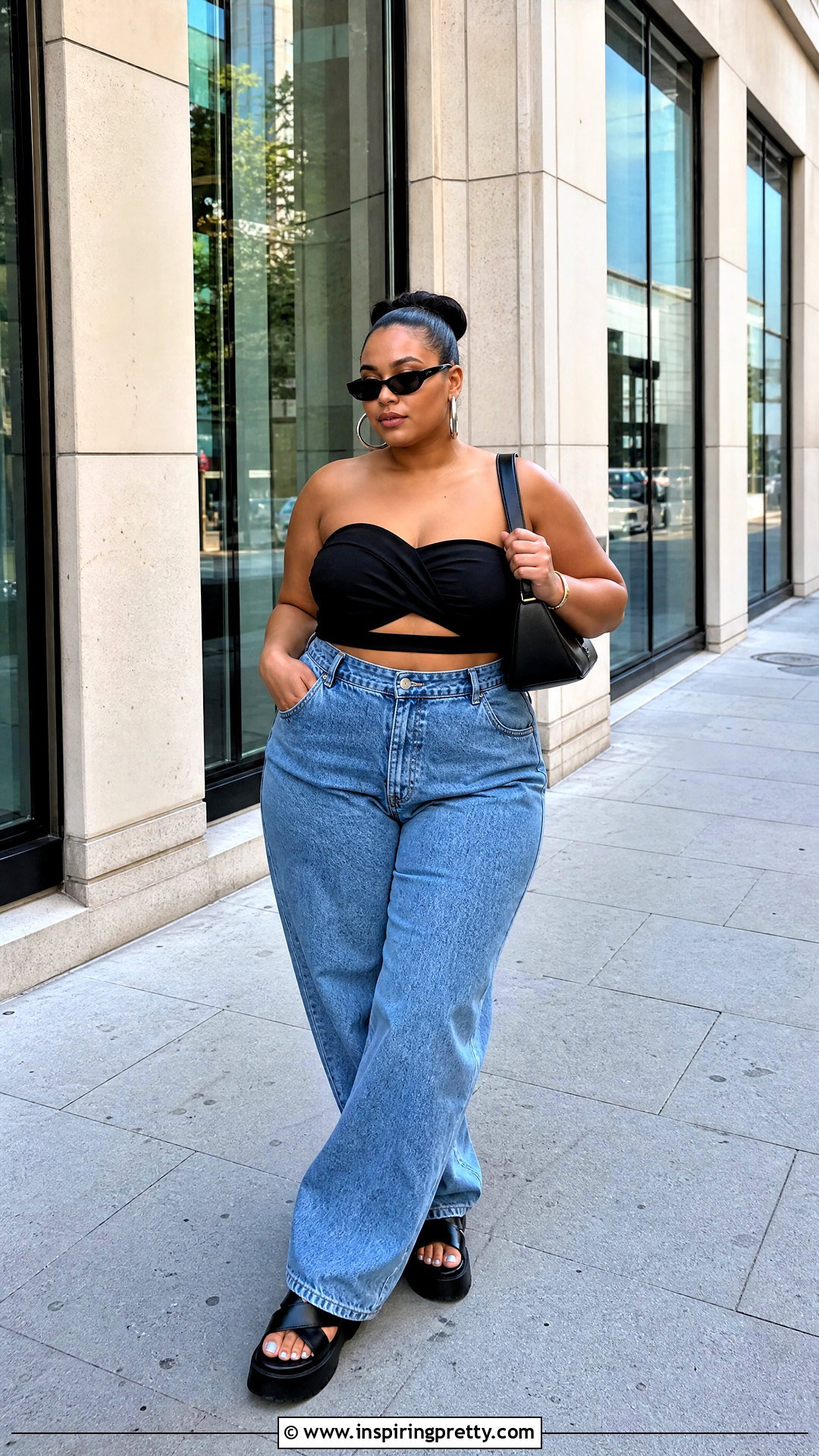 Black Criss Cross Tube Top With Baggy Jeans - 25 Criss Cross Tube Top outfit ideas
