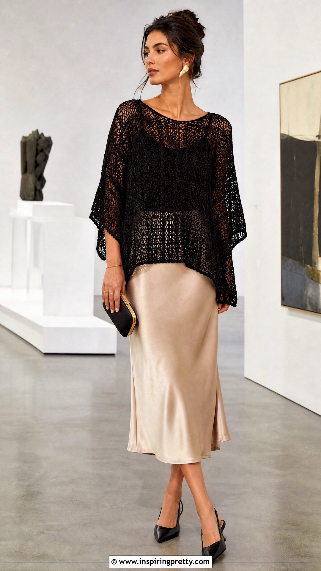 Black Crochet Flowy Top With Satin Midi Skirt - 20 crochet flowy top outfit ideas