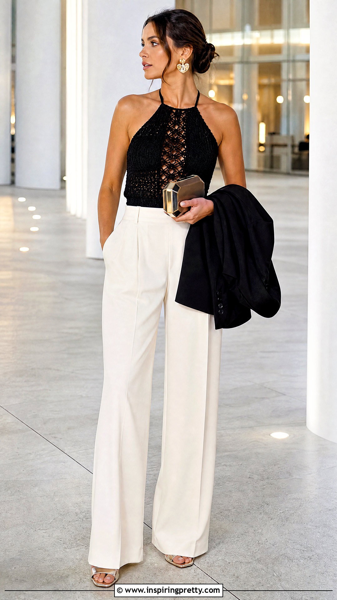 Black Crochet Halter Top With Tailored Trousers - 20 Crochet Halter Top Outfit Inspirations