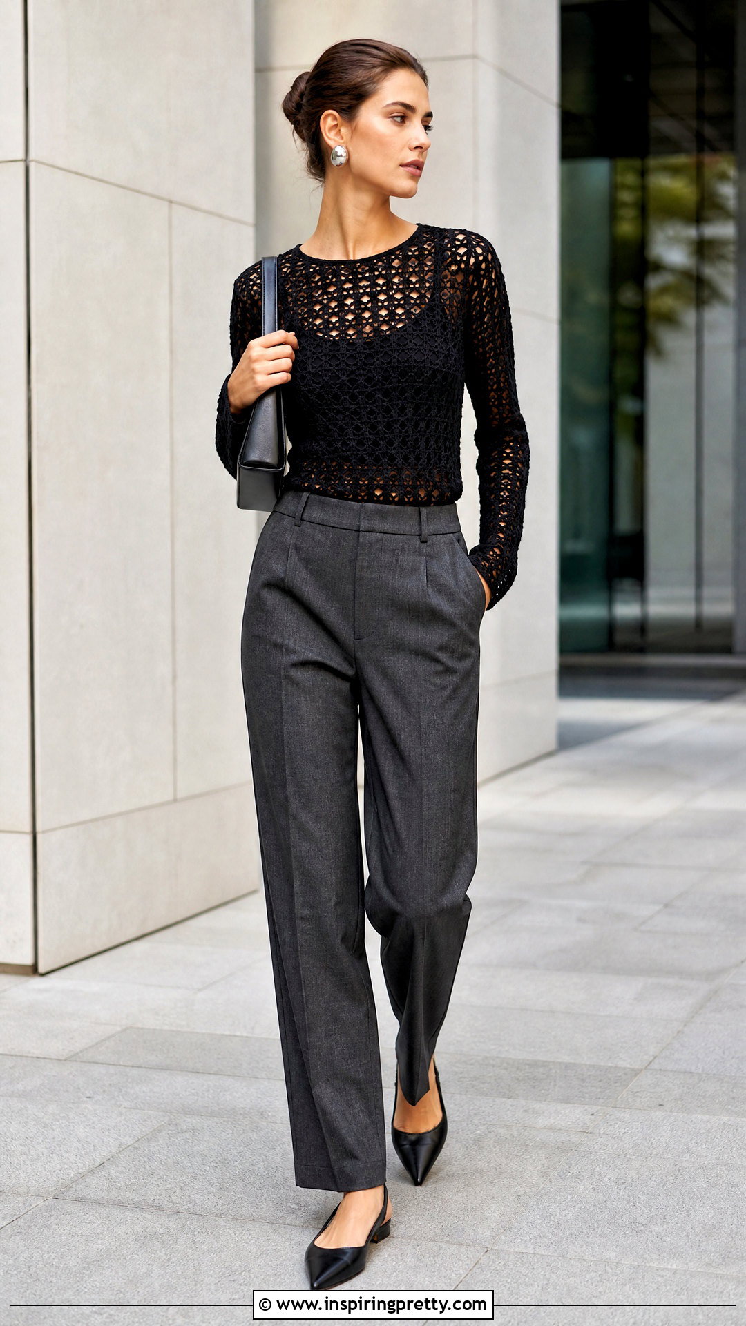 Black Crochet Long Sleeve Top With Tailored Trousers - 50 crochet long sleeve top outfit ideas