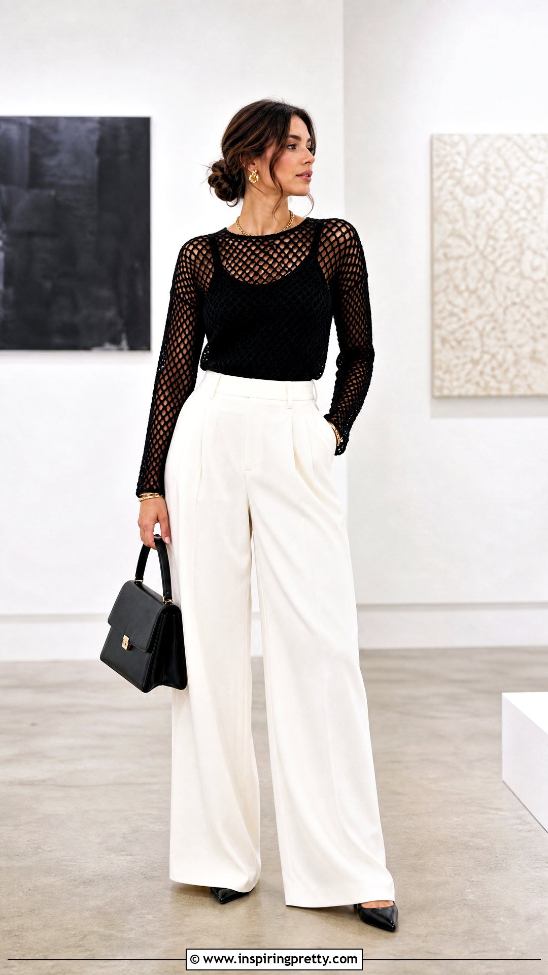 Black Crochet Mesh Top With White Trousers - 50 mesh top crochet ideas