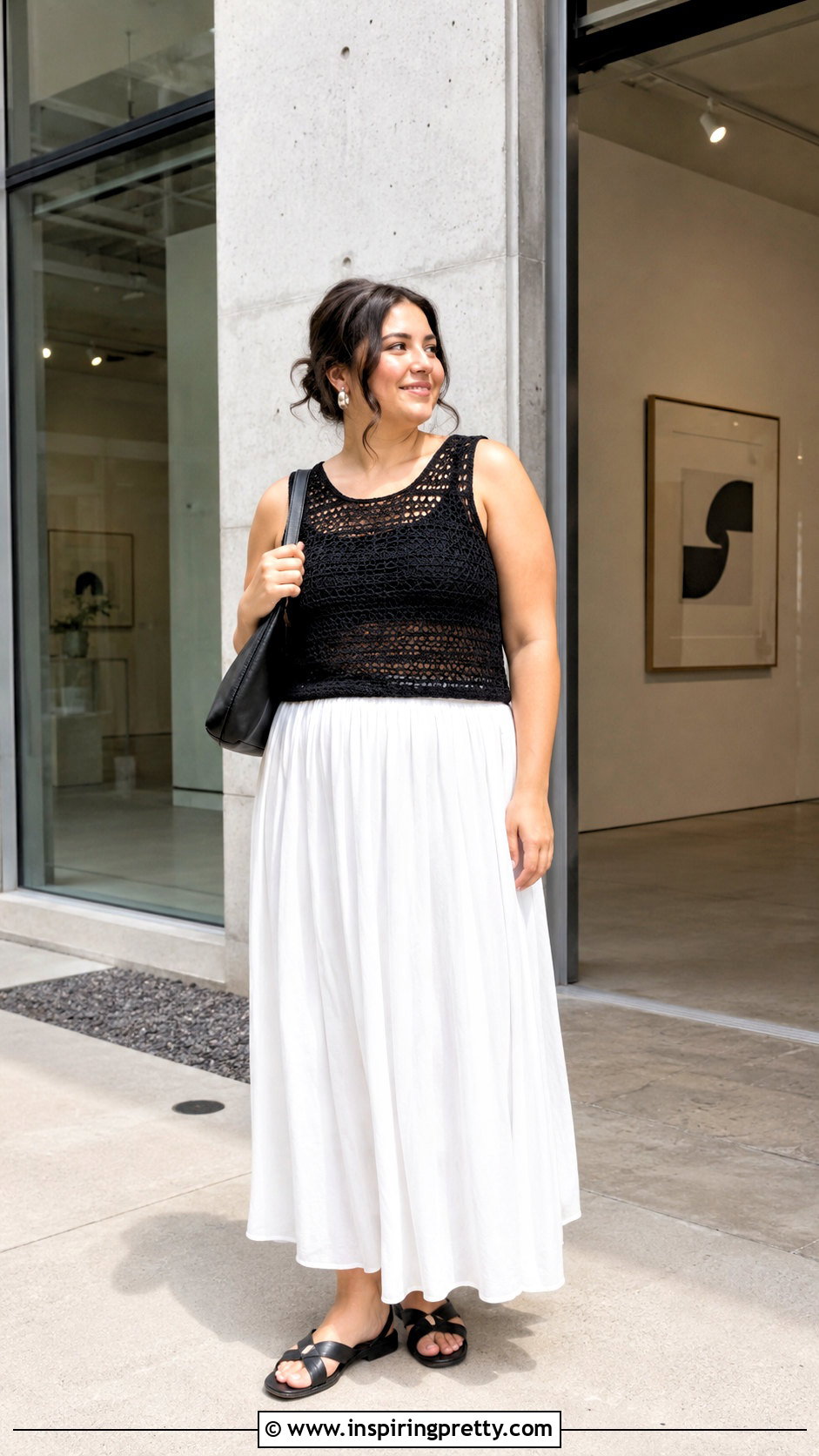 Black Crochet Tank Top With White Maxi Skirt - 50 summer crochet top outfit ideas