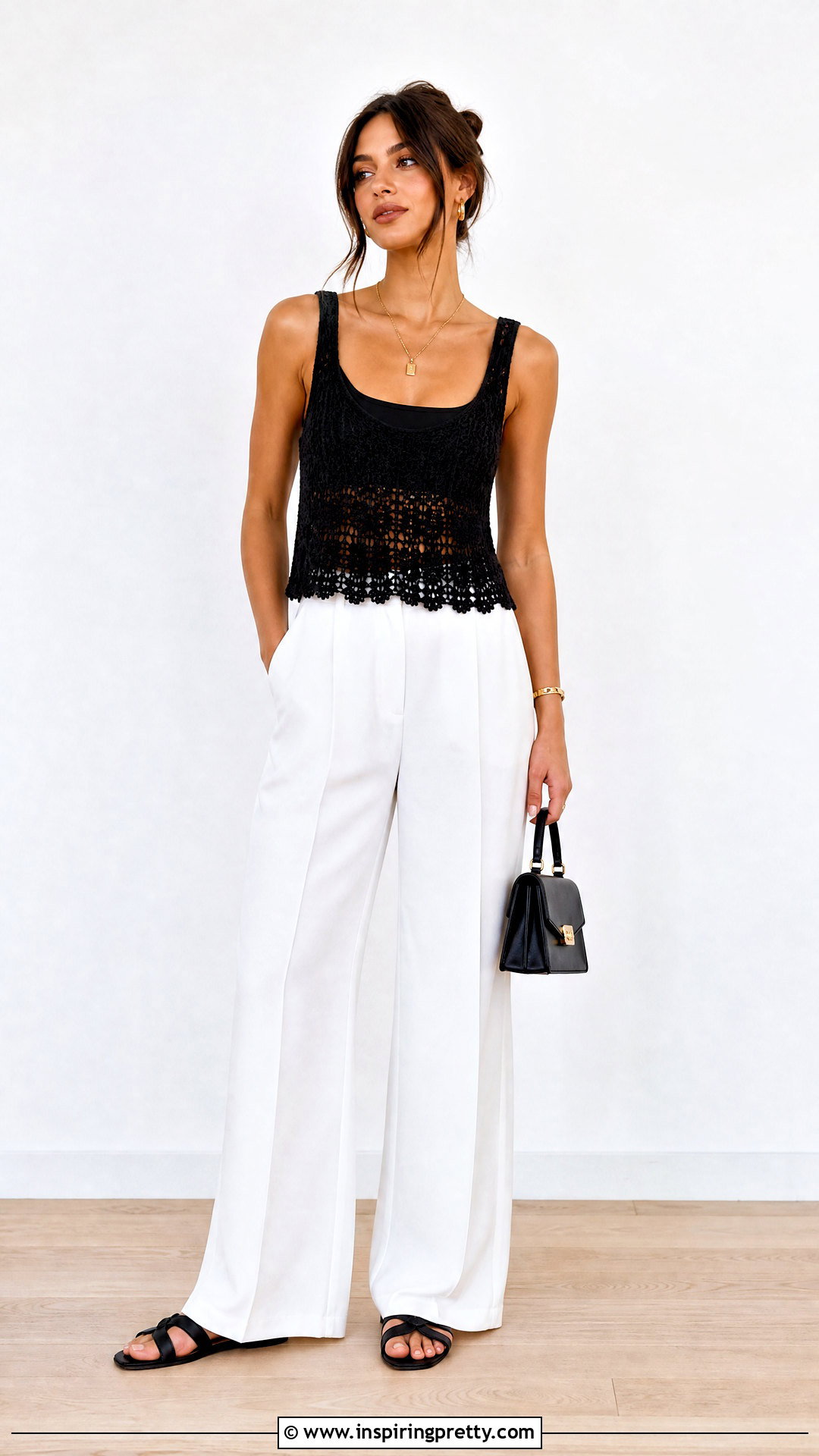 Black Crochet Top And White Pants Outfit - 20 crochet top on wooden floor outfit ideas