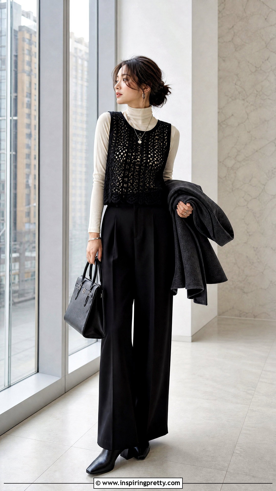Black Crochet Top Over Turtleneck - 50 black crochet top outfit ideas