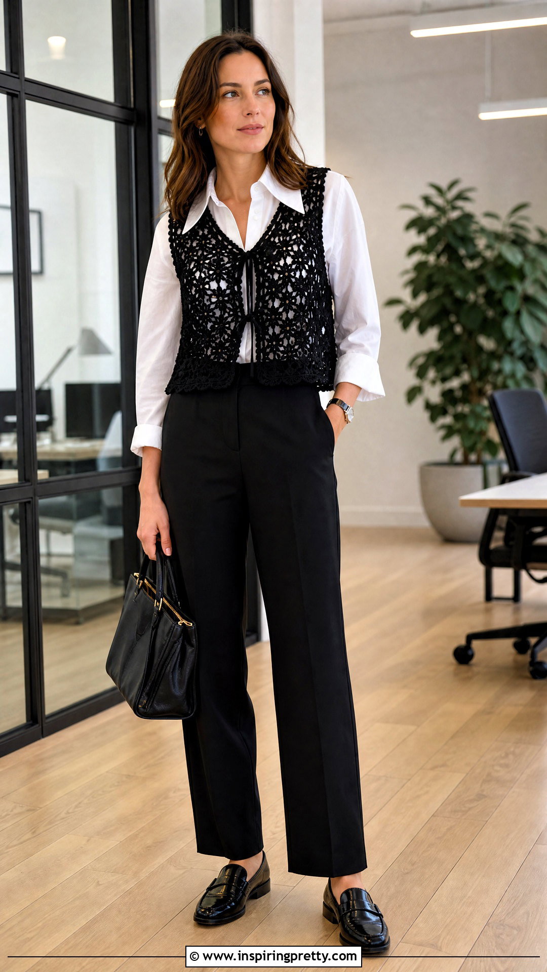 Black Crochet Top Over White Button Down Shirt - 50 black crochet top outfit ideas