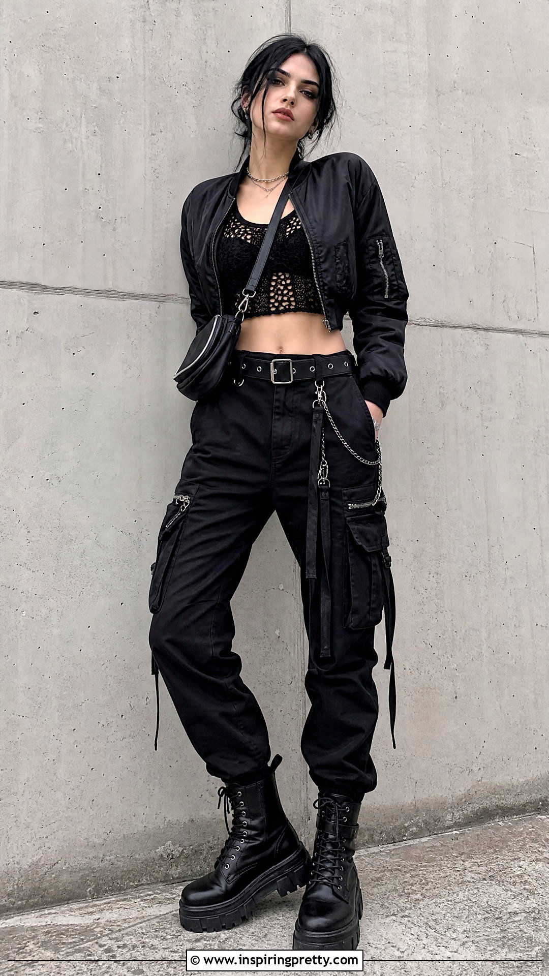 Black Crochet Top With Black Cargo Pants And Combat Boots - 50 black crochet top outfit ideas