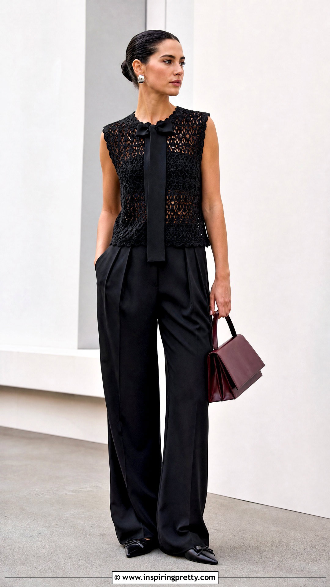 Black Crochet Top With Bow Detail And Black Trousers - 20 crochet top with bow detail outfit ideas