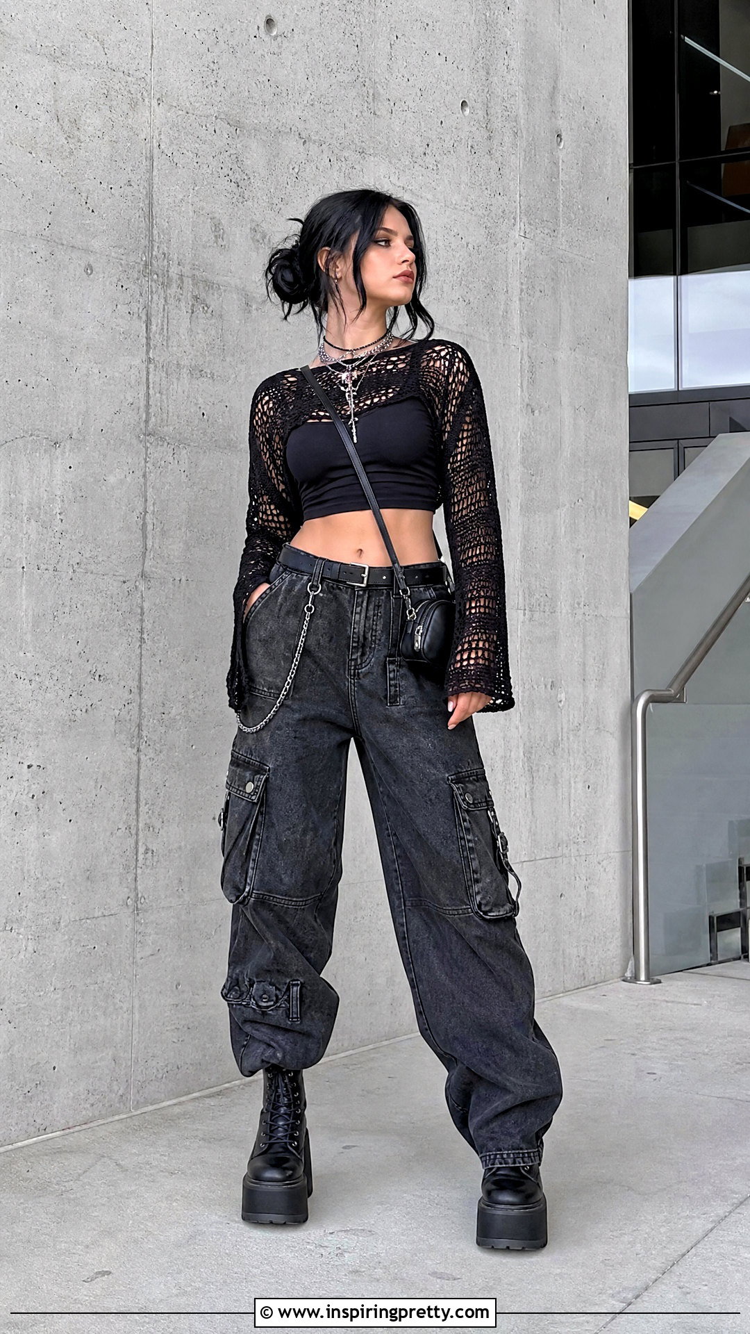 Black Crochet Top With Cargo Pants - 50 goth crochet top outfit ideas