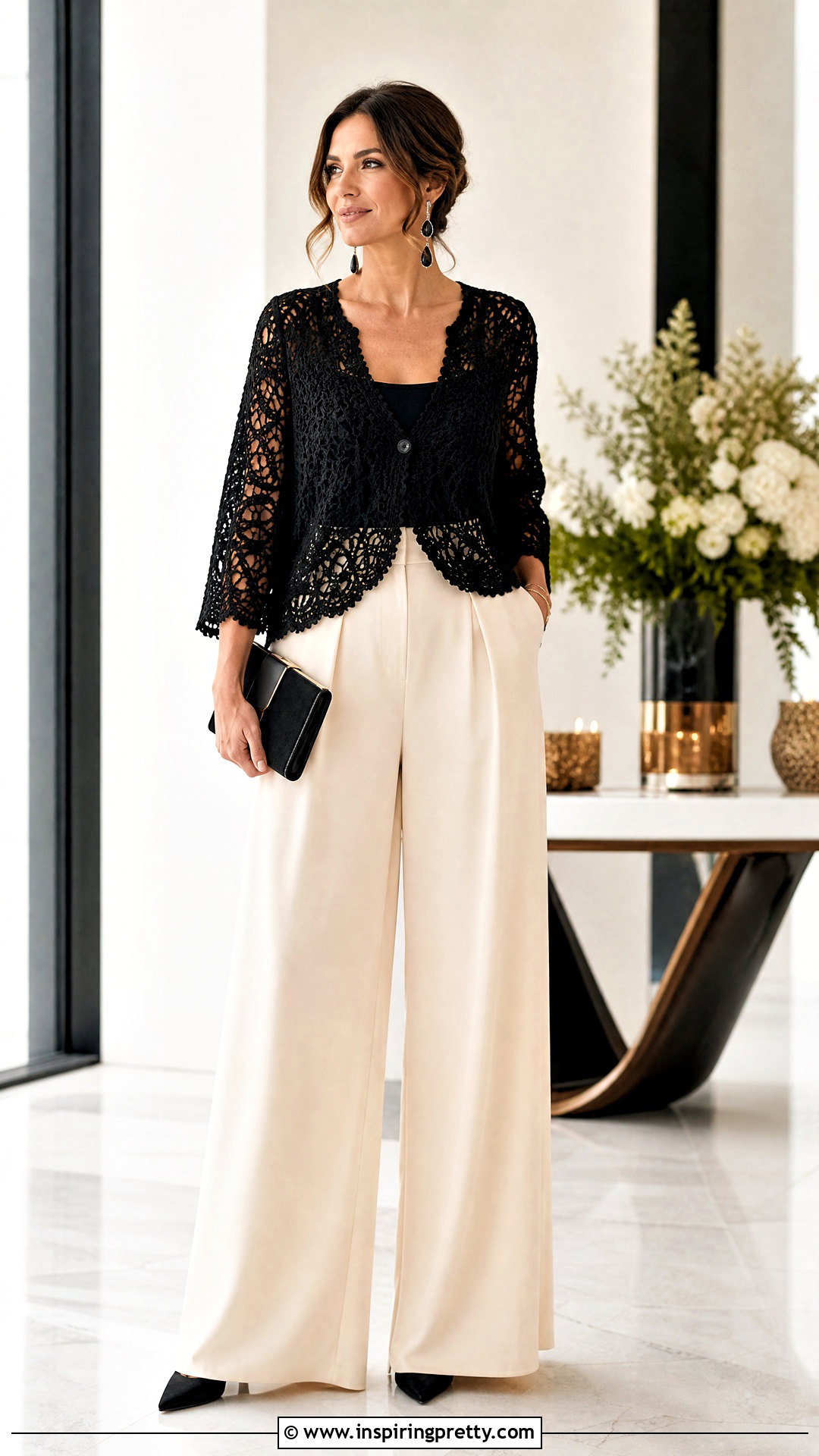 Black Crochet Top With Elegant Palazzo Trousers - 50 black crochet top outfit ideas
