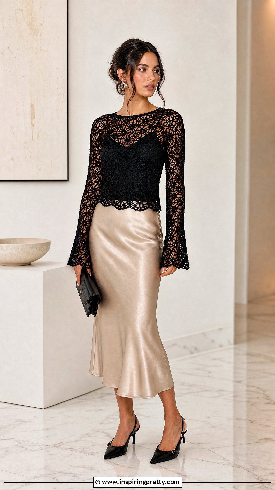 Black Crochet Top With Flare Sleeves And Satin Midi Skirt - 25 Crochet Top With Flare Sleeves