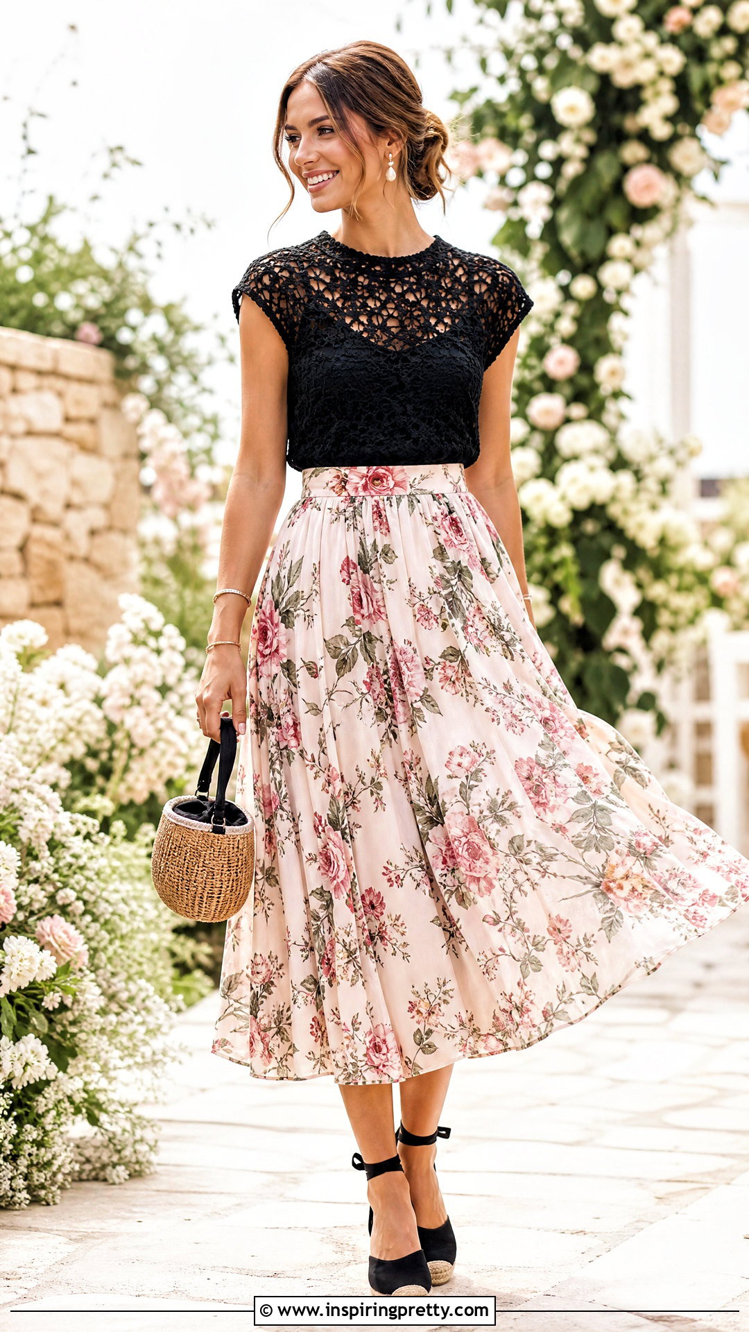 Black Crochet Top With Floral Midi Skirt - 50 black crochet top outfit ideas