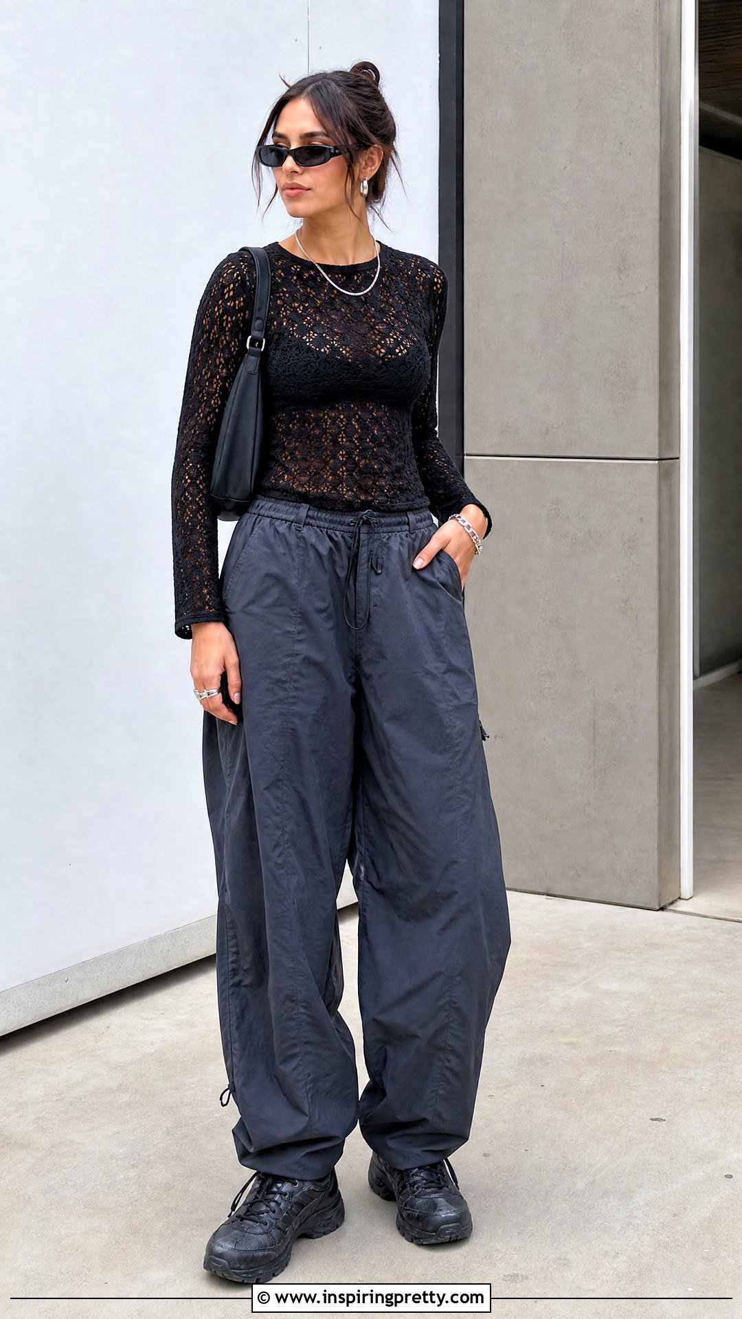 Black Crochet Top With Parachute Pants - 50 black crochet top outfit ideas