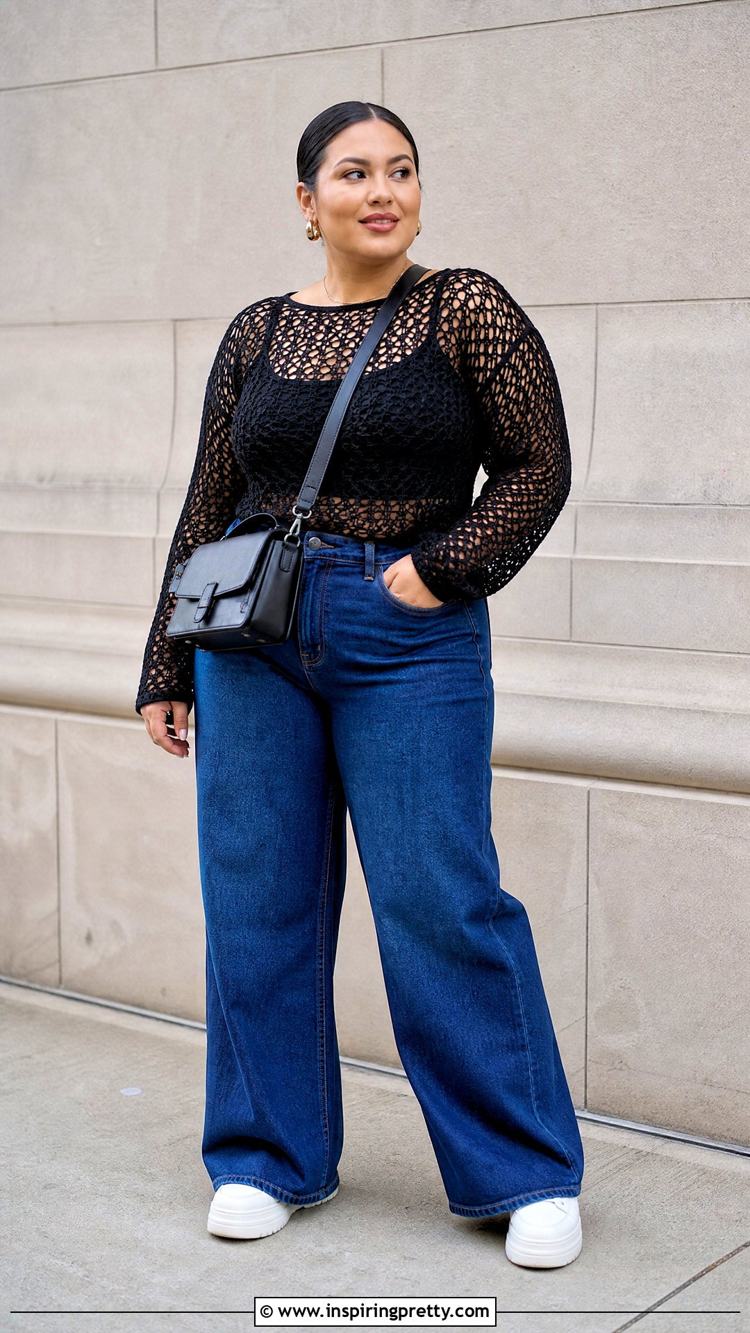 Black Crochet Top With Plus Size Wide Leg Jeans - 50 black crochet top outfit ideas