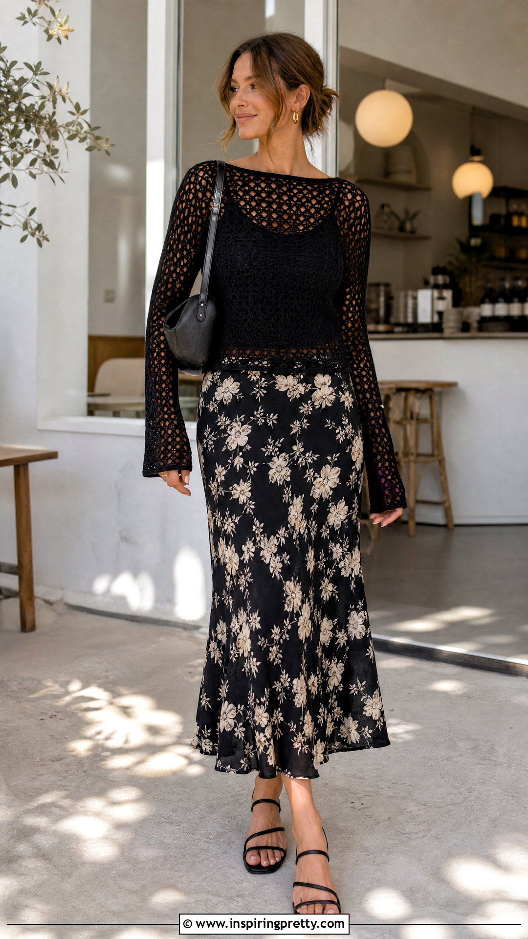 Black Crochet Top With Printed Slip Skirt - 50 black crochet top outfit ideas