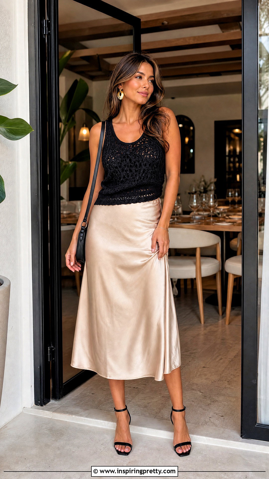 Black Crochet Top With Satin Midi Skirt - 50 crochet top outfit ideas