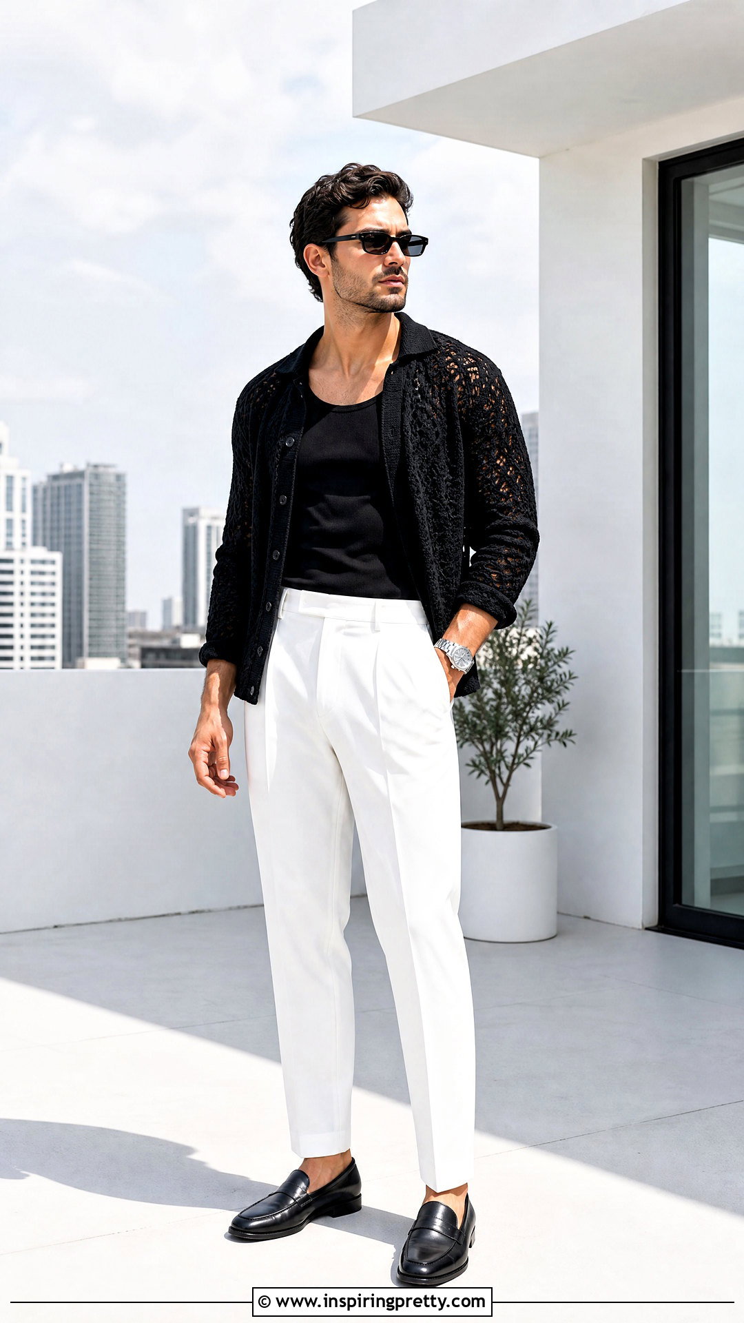 Black Crochet Top With White Trousers - 50 crochet top for men outfit ideas