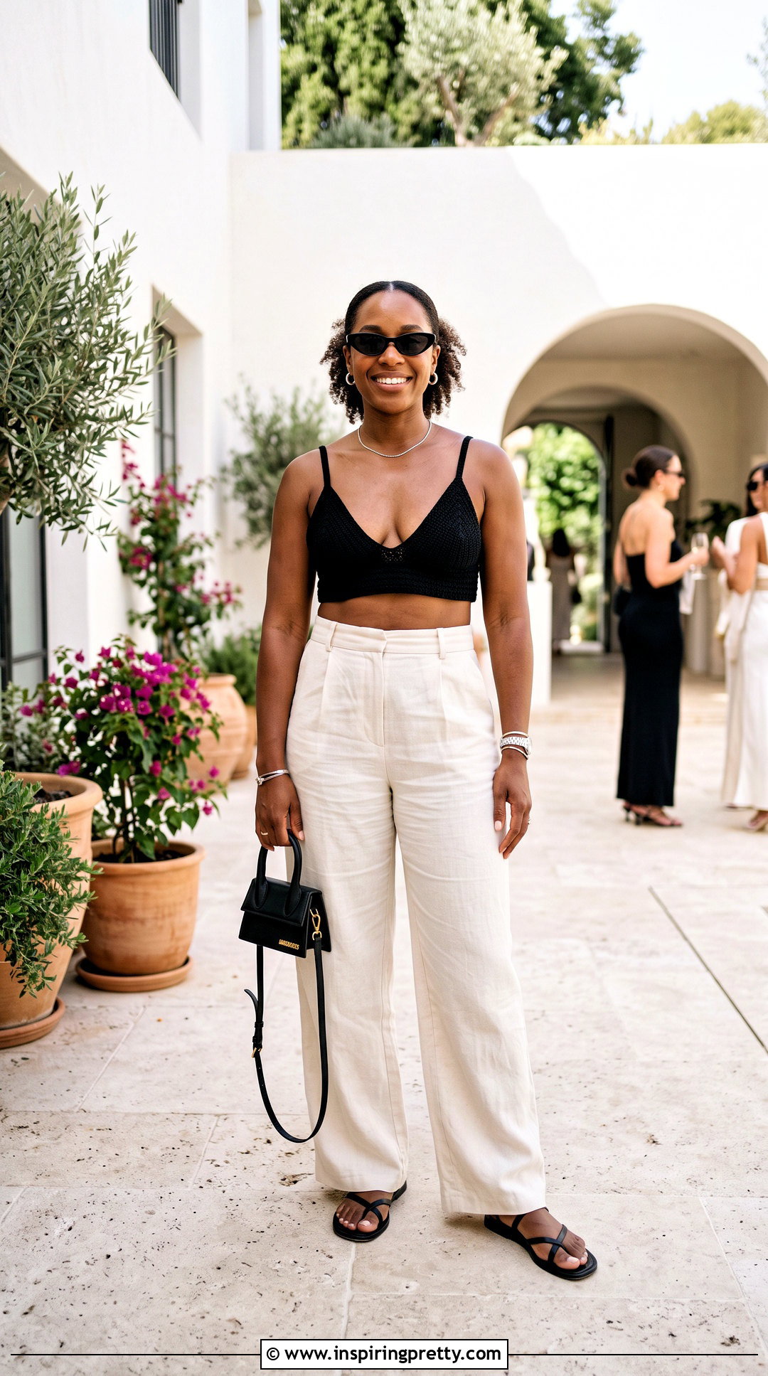Black Crochet Triangle Top With Wide Leg Pants - 20 Crochet Triangle Top outfit ideas