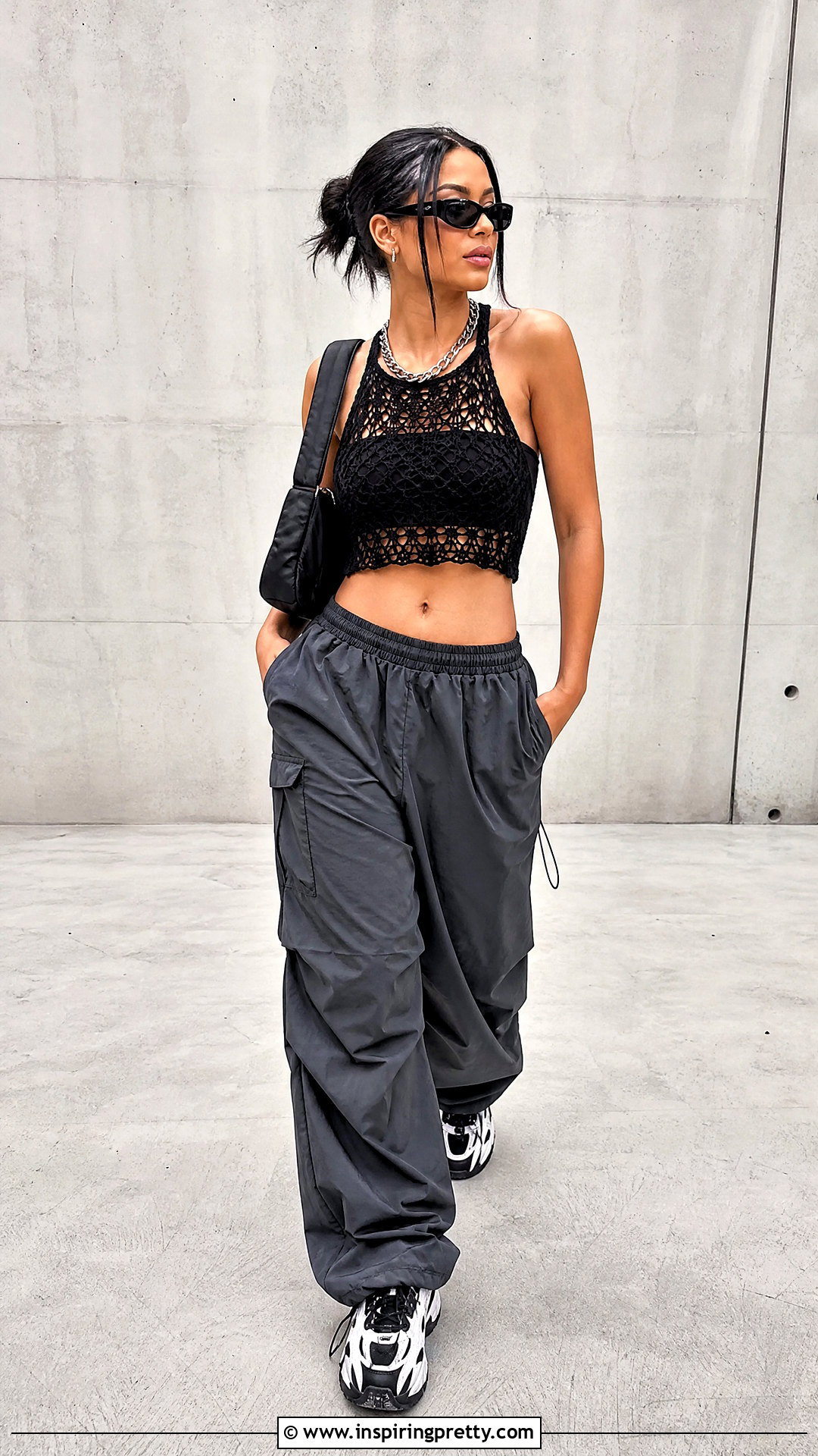 Black Crochet Y K Top With Parachute Pants - 50 crochet y2k top outfit ideas