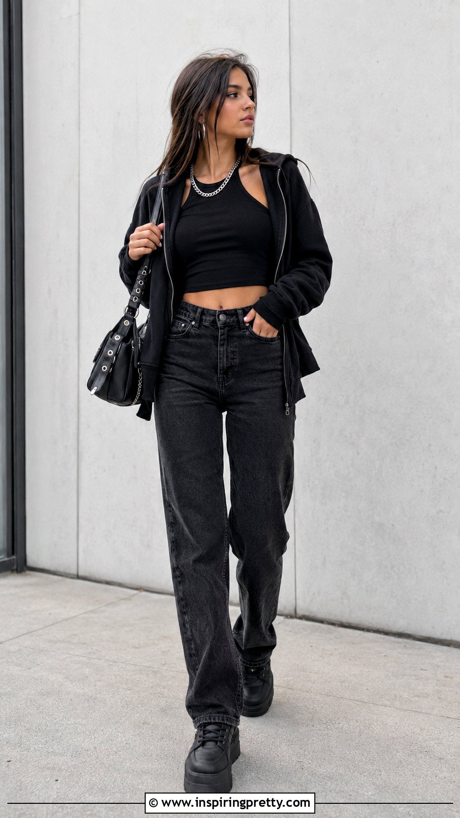 Black Crop Top And Black Zip Up Hoodie Monochrome Outfit - 25 crop top and zip up hoodie outfit ideas