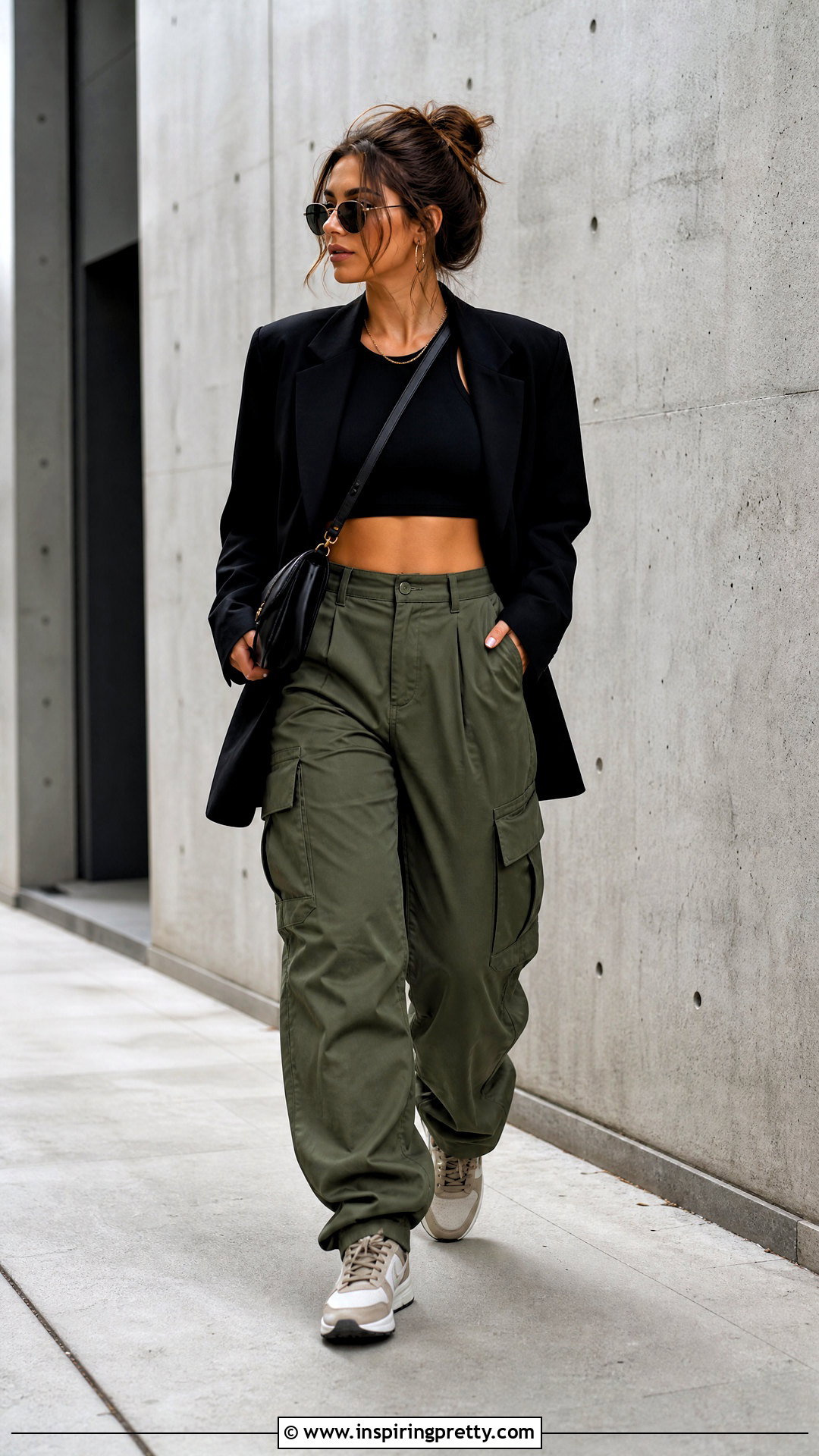 Black Crop Top And Blazer With Cargo Pants - 20 black crop top blazer outfit ideas