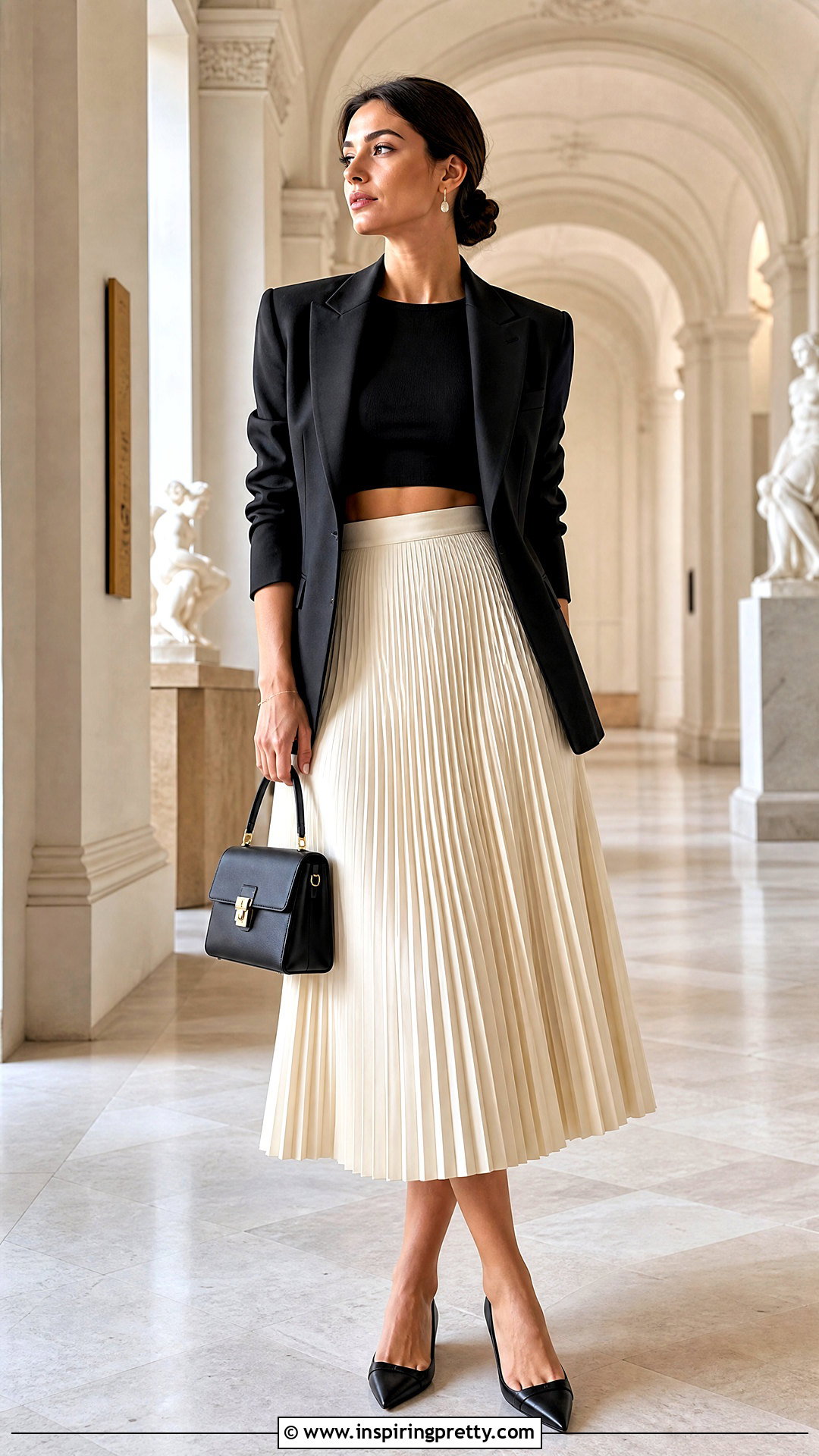 Black Crop Top And Blazer With Pleated Midi Skirt - 20 black crop top blazer outfit ideas