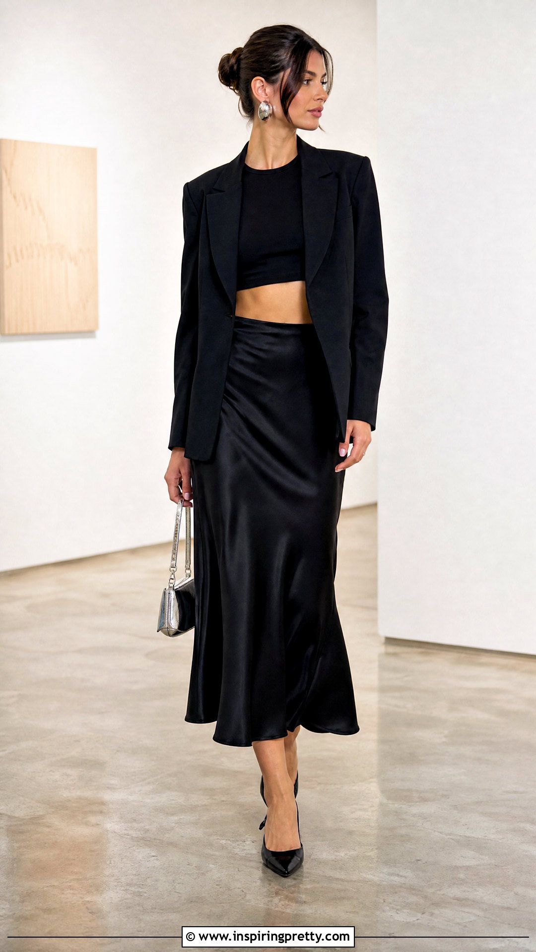 Black Crop Top And Blazer With Satin Skirt - 50 crop top jacket outfit ideas
