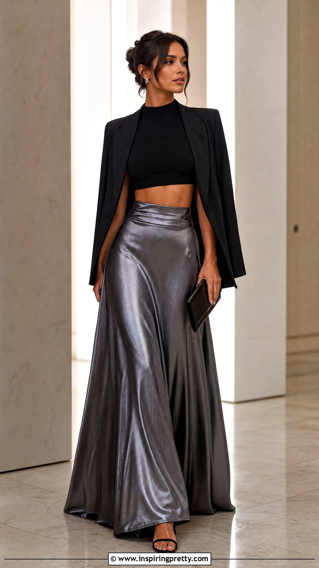 Black Crop Top And Metallic Maxi Skirt Outfit - 50 crop top and skirt outfits