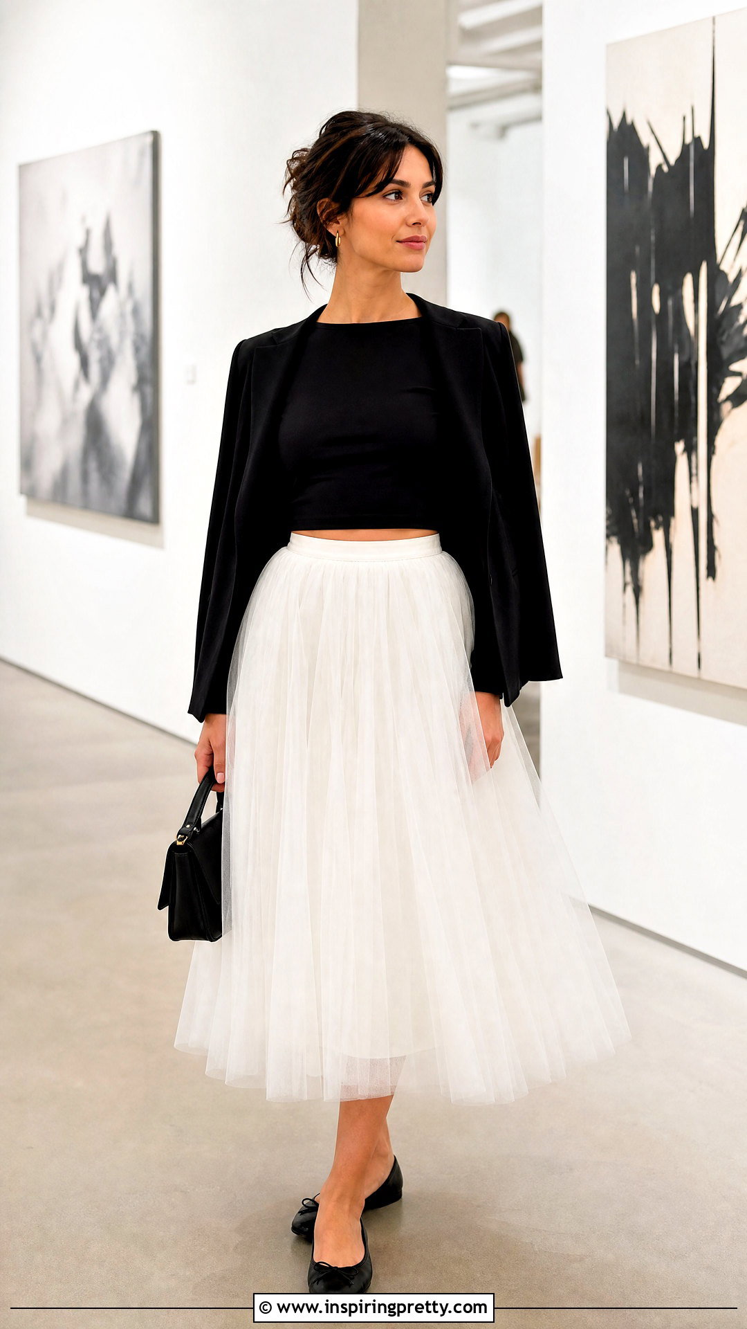Black Crop Top And White Tulle Skirt Outfit - 50 Crop Top Skirt outfits