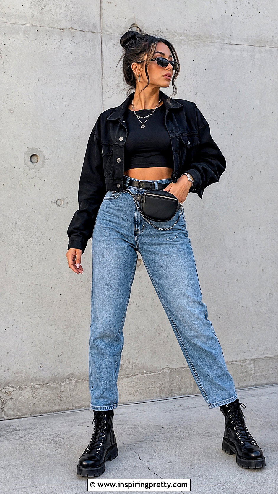Black Crop Top Blue High Waisted Jeans Black Combat Boots - 25 black top blue jeans black boots