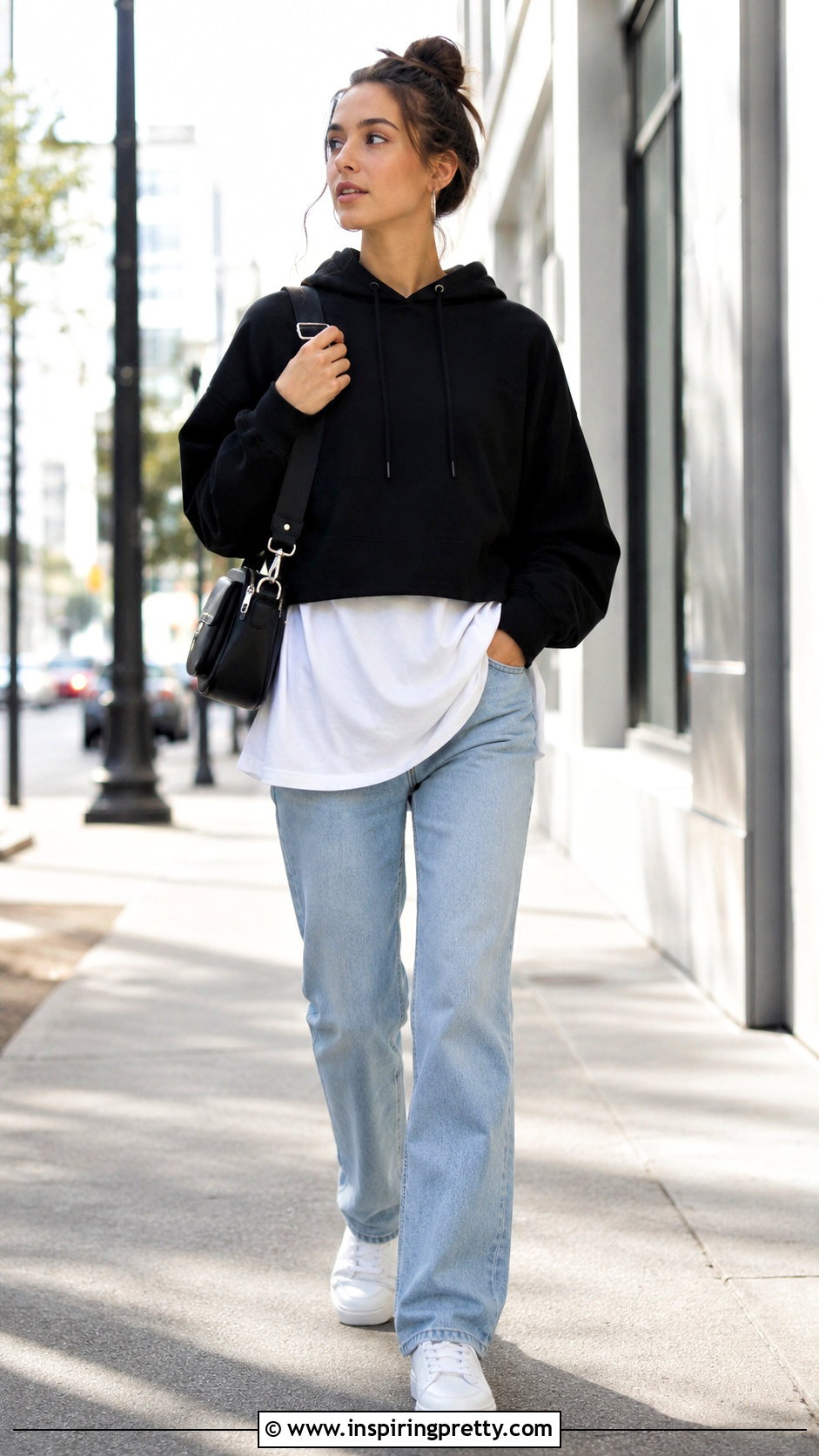 Black Crop Top Hoodie With White Shirt And Jeans - 20 crop top hoodie with shirt underneath outfit ideas