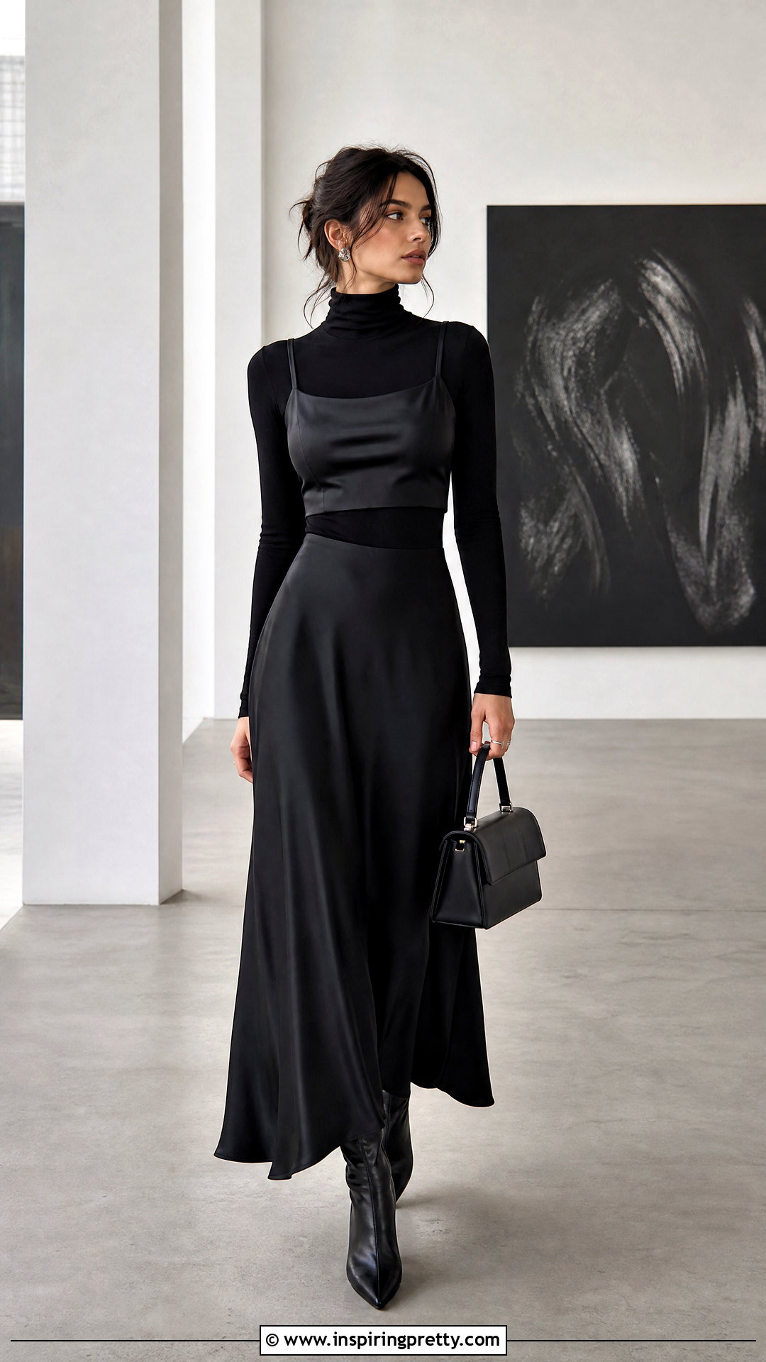 Black Crop Top Over Black Turtleneck With Maxi Skirt - 25 Crop Top Over Turtleneck outfit ideas