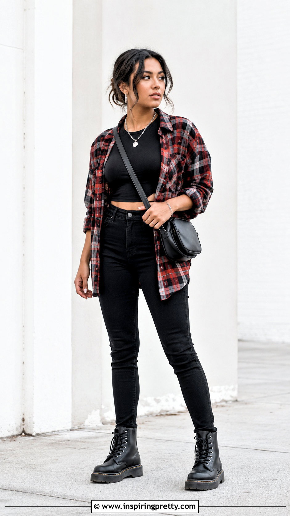 Black Crop Top Red Flannel and Skinny Jeans - 25 crop top flannel outfits jeans