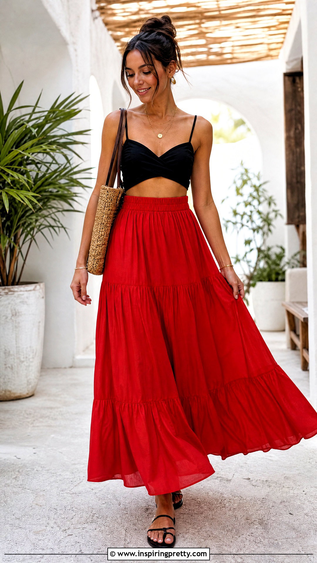 Black Crop Top Red High Waisted Maxi Skirt Outfit - 20 black top red skirt outfits