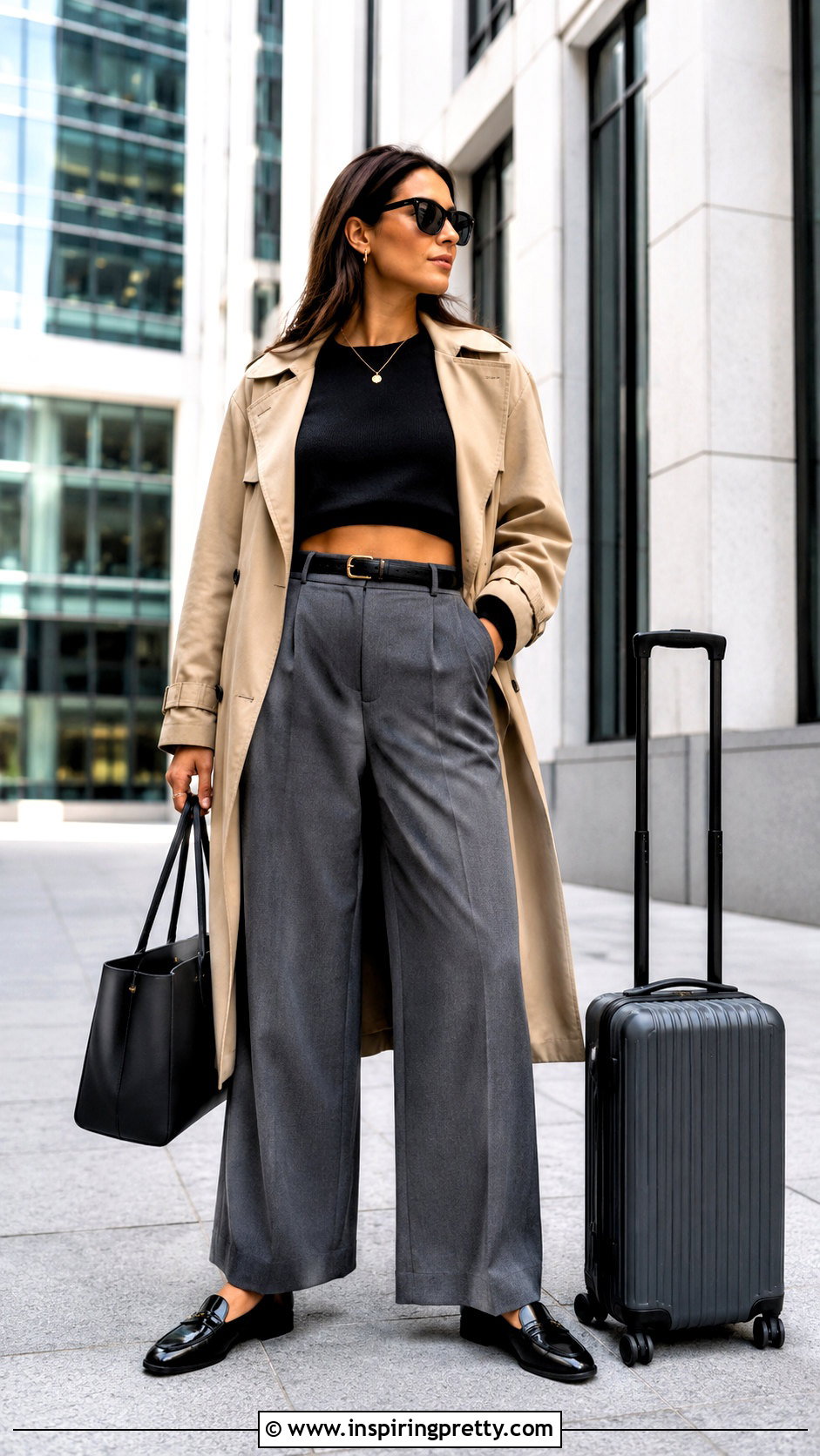 Black Crop Top Sweatshirt With A Trench Coat And Trousers - 20 Black Crop Top Sweatshirt outfits