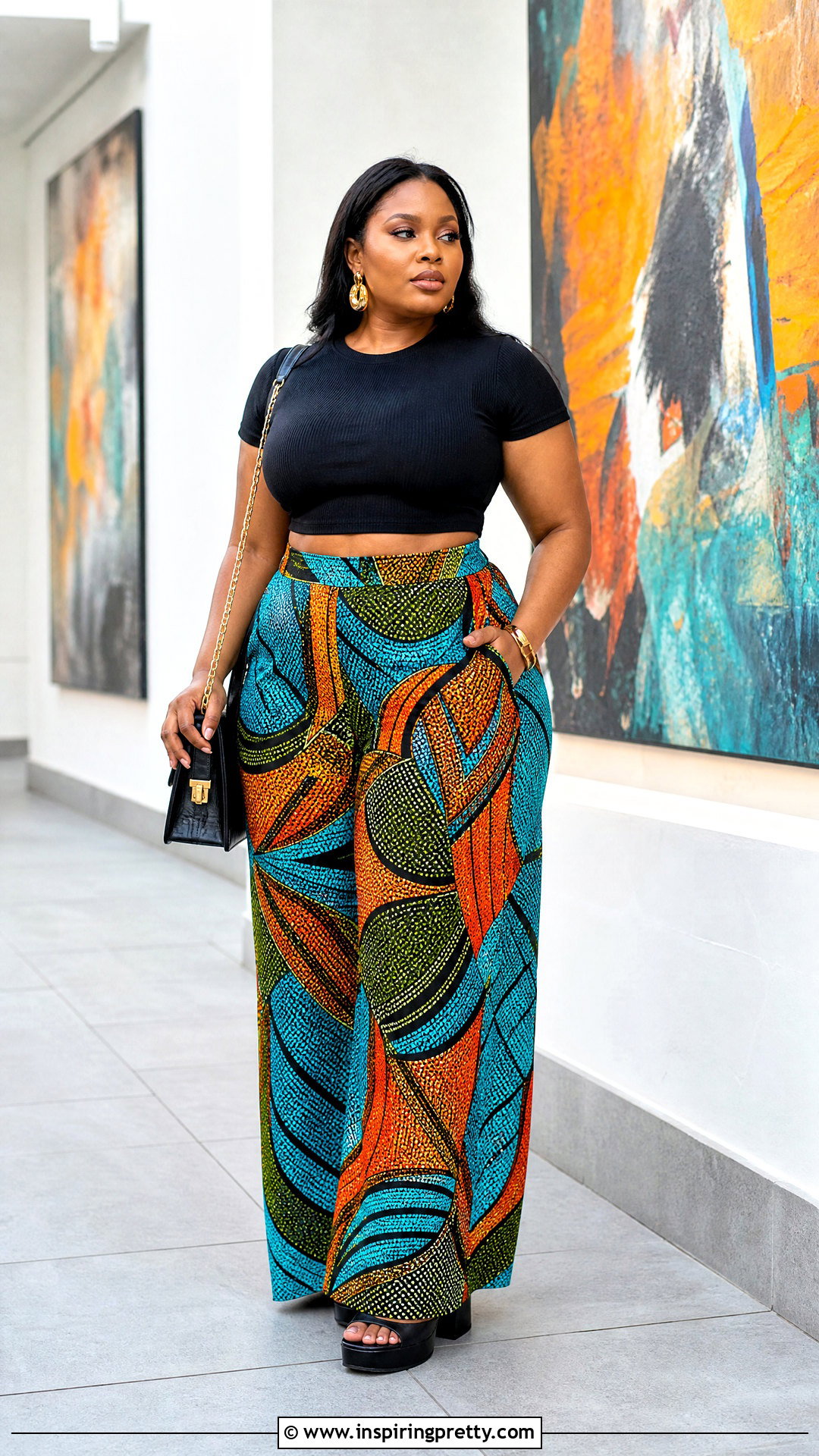 Black Crop Top With Ankara Palazzo Trousers - 50 Ankara Palazzo Trouser And Crop Top outfit ideas