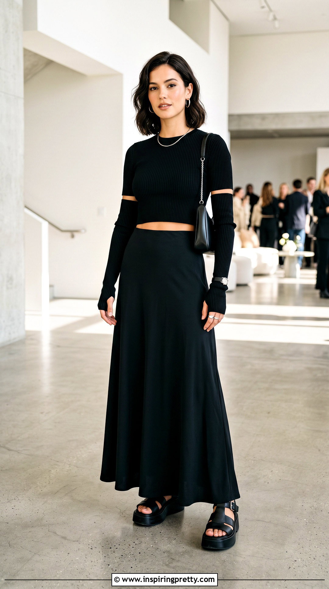 Black Crop Top With Arm Gloves And Maxi Skirt - 25 Black Top With Gloves