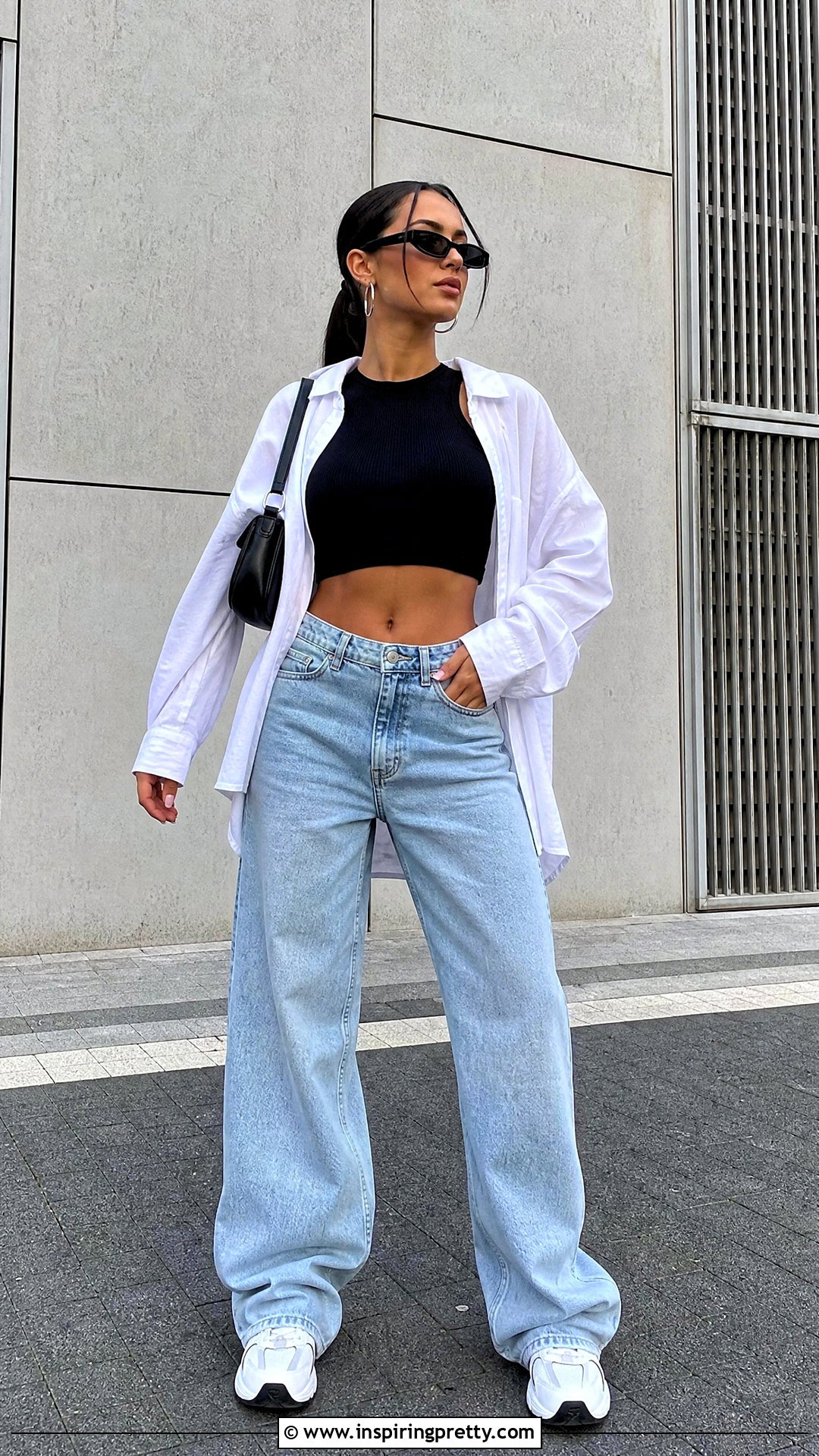 Black Crop Top With Baggy Jeans - 50 crop top outfits with jeans