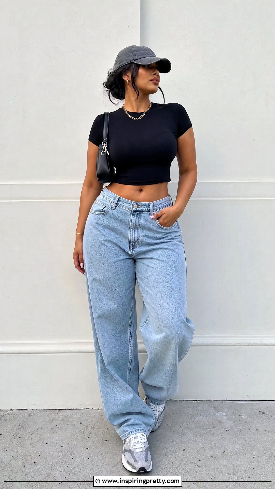 Black Crop Top With Baggy Jeans And Chunky Sneakers - 20 black crop top with jeans and sneakers