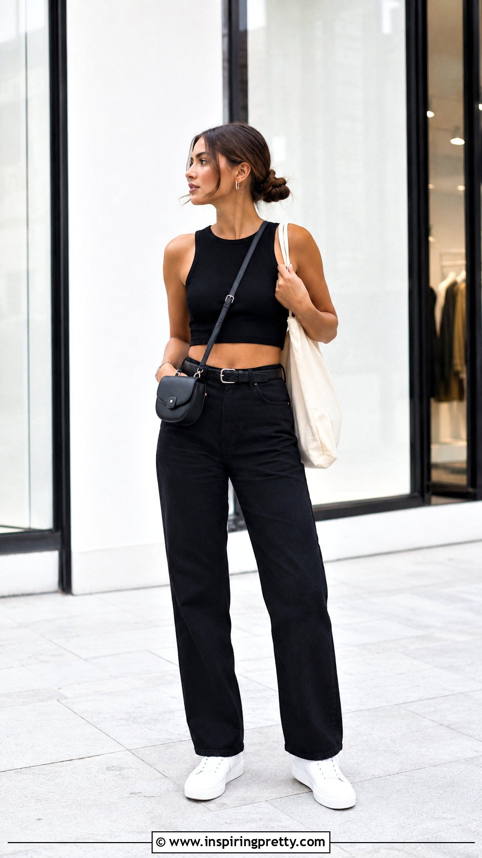 Black Crop Top With Black Jeans And White Sneakers - 20 Minimalist Black Crop Top outfit ideas