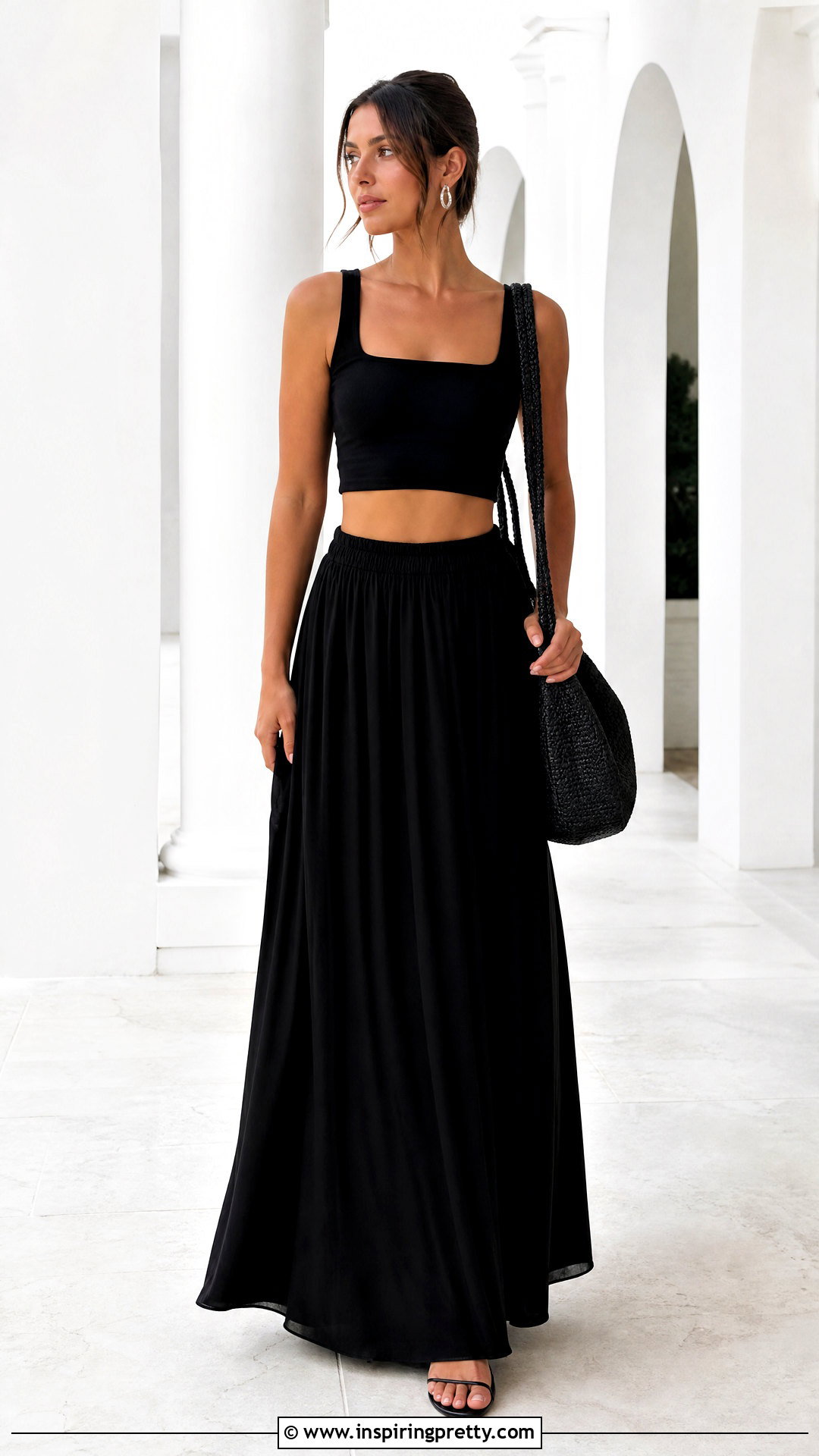 Black Crop Top With Black Maxi Skirt - 50 trendy crop tops outfit ideas