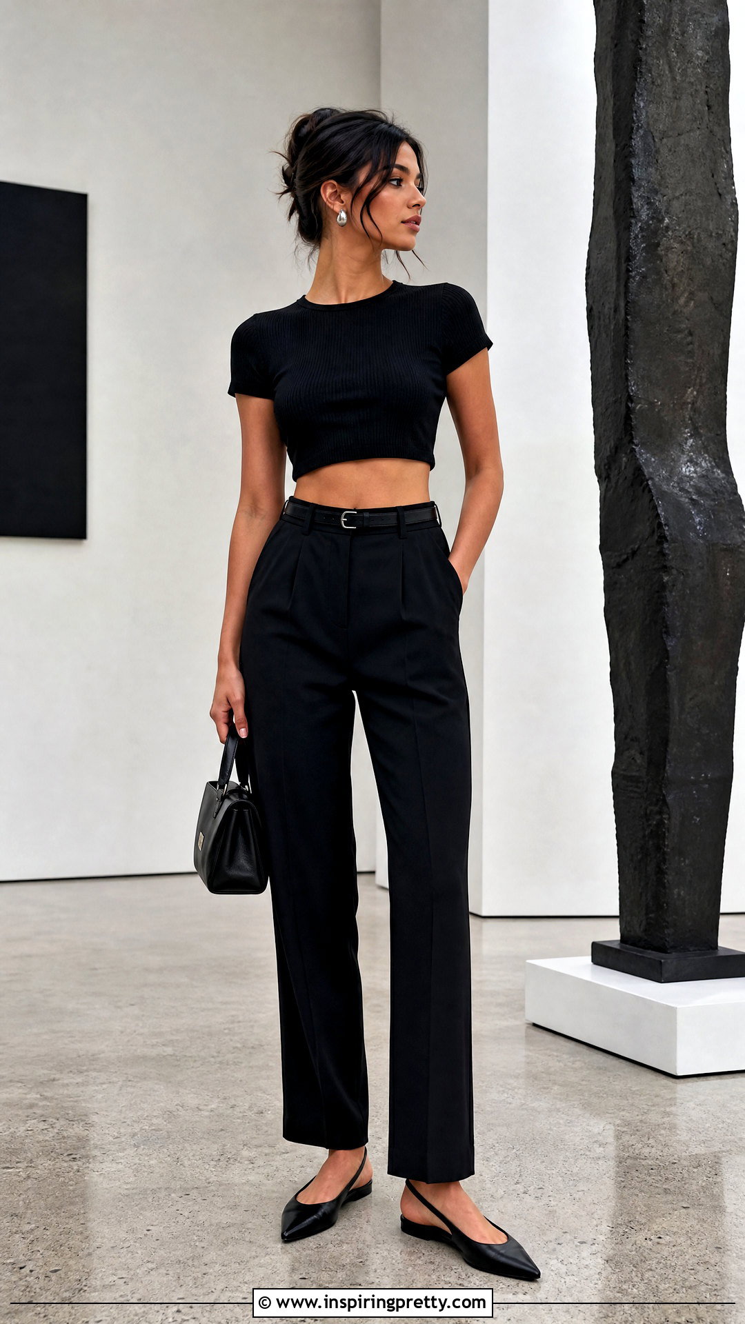 Black Crop Top With Black Tailored Pants - 20 Minimalist Black Crop Top outfit ideas