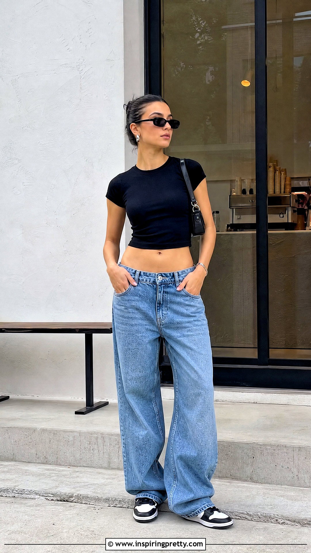 Black Crop Top With Blue Baggy Jeans - 50 baggy jeans and crop top outfit ideas