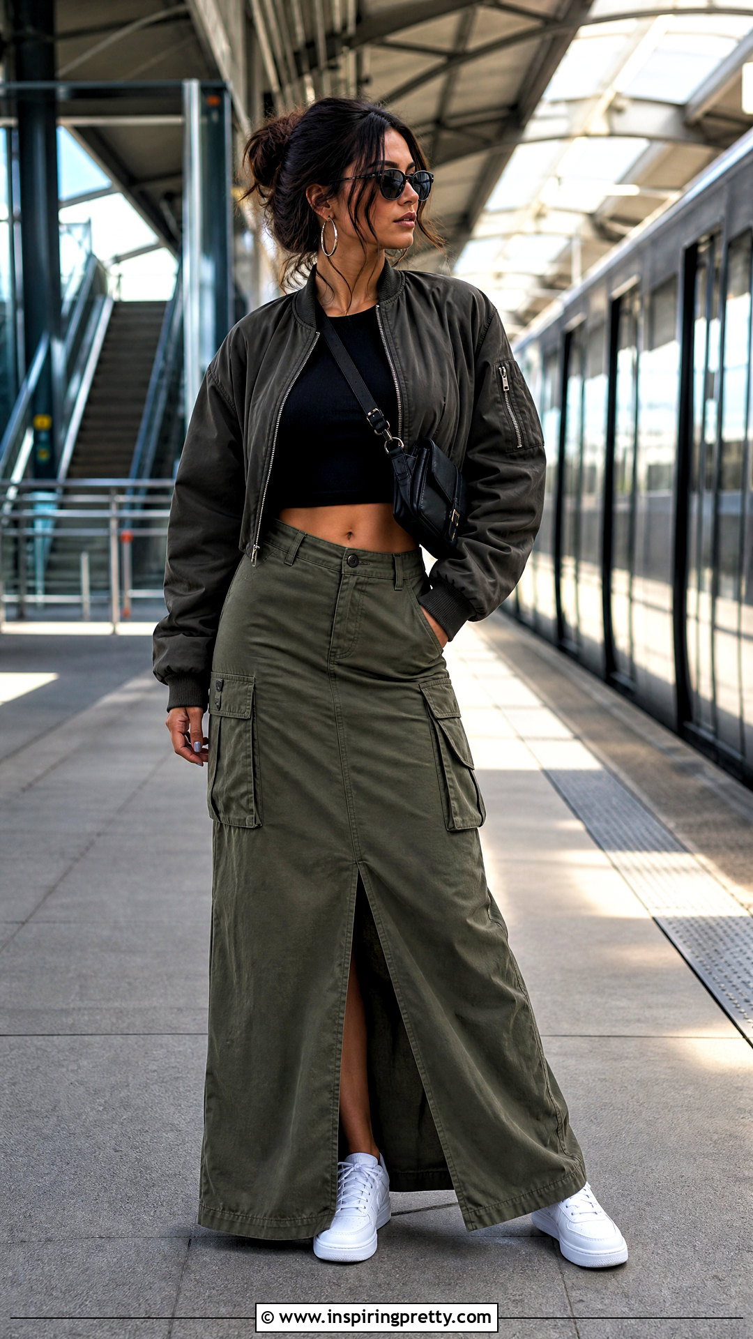 Black Crop Top With Cargo Maxi Skirt And Sneakers - 25 black crop top shein outfit ideas