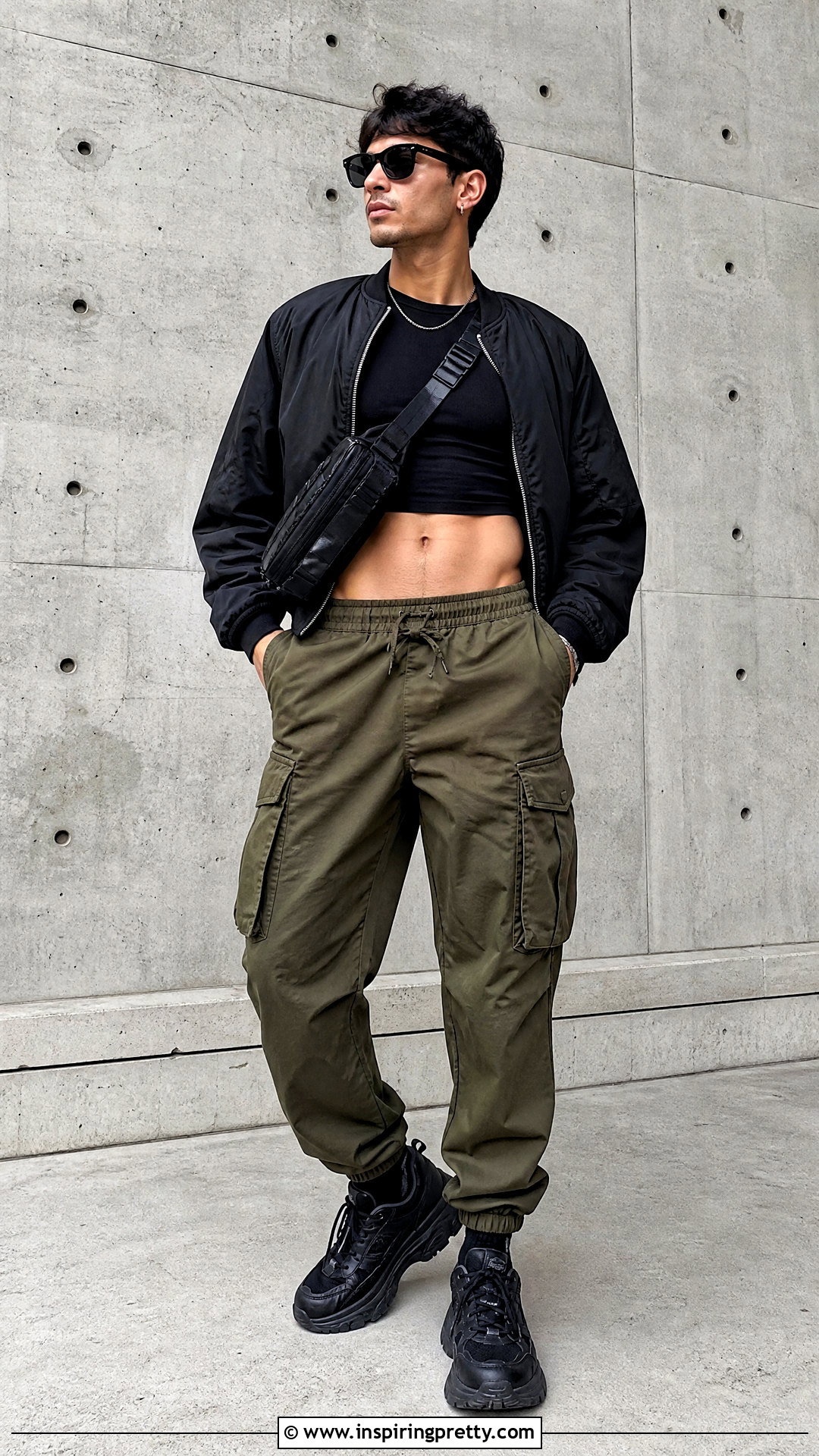 Black Crop Top With Cargo Pants - 50 male crop top outfit ideas