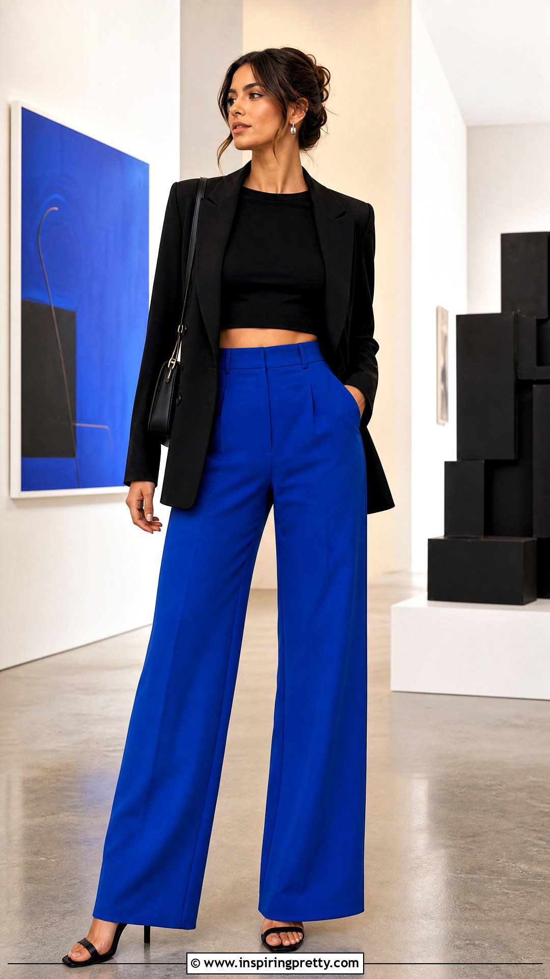 Black Crop Top With Cobalt Blue Trousers - 50 black crop top outfit ideas