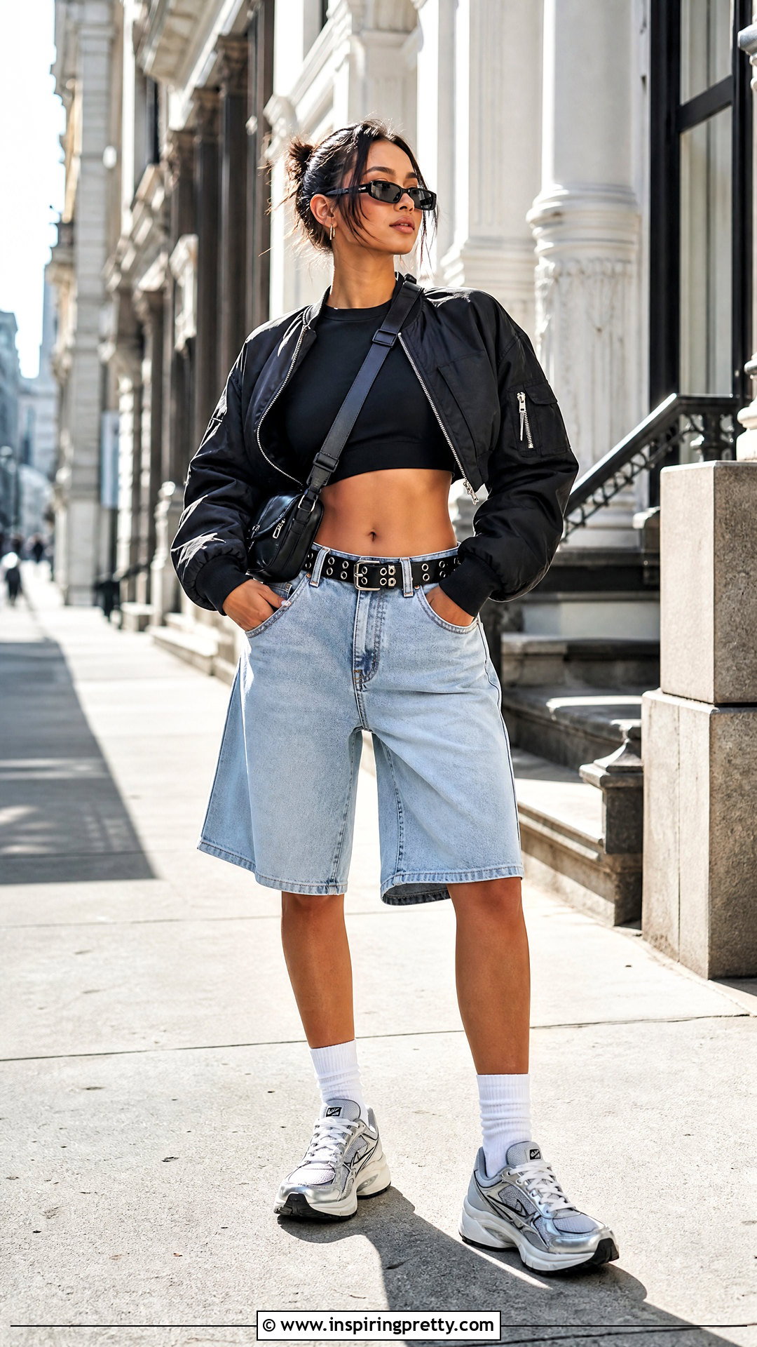 Black Crop Top With Denim Jorts - 50 black crop top outfit baddie ideas