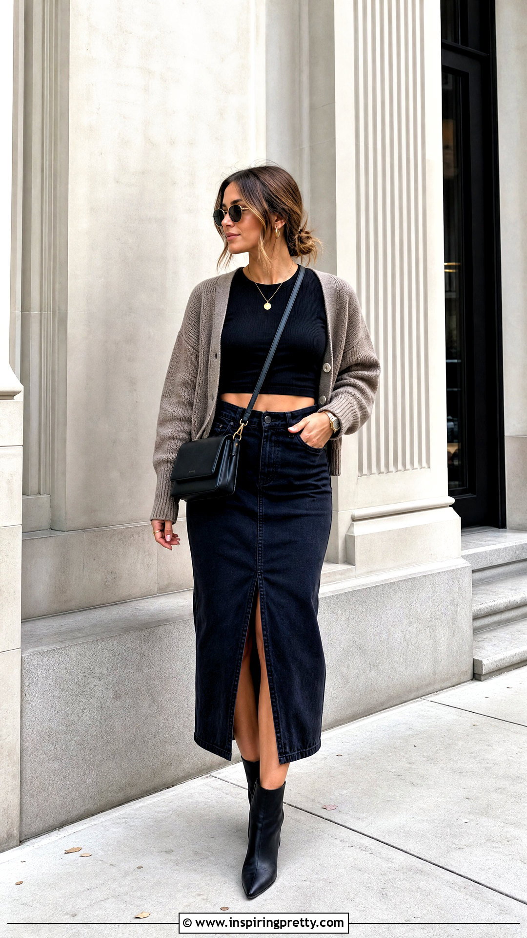 Black Crop Top With Denim Midi Skirt - 50 black crop top outfit ideas